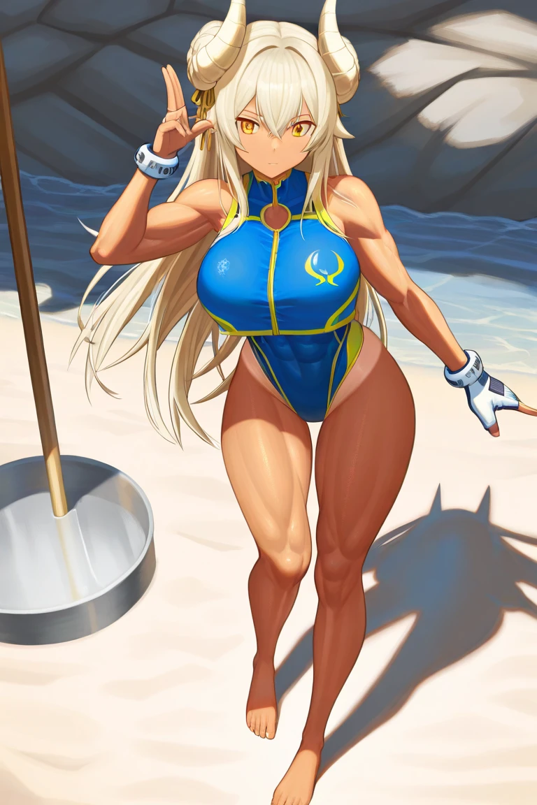 mulher anime , harem bikini, saia longa, curved, pele bronzeada, bare feet, visible feet
