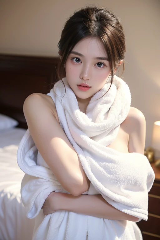 (shoulder-length straight short hair: 1.0),(black hair:1.5),（Extremely meticulous CG 8k wallpaper），（Extremely refined and beautiful），（Masterpiece），（best qualtiy:1.0），（Ultra High Resolution:1.0），beautiful light up，Perfect lightning，realistic shaded，[A high resolution],(Smooth and flawless fair skin:1.5),(shiny skin:1.5),Extremely exquisite facial details，ultra - detailed，A  girl，small head,dawn,red light,Close Shot,In a dirty and dilapidated hotel,sitting on bed,red pink background,smile,happy,Top down overhead camera perspective，small face,（perfect body:1.1）,small breasts，flat chest，slim,(White towel:1.5),Slender legs,legs apart,(femal orgasmic:1.5),(blush:1.3),ahegao,cowboy shot,portrait