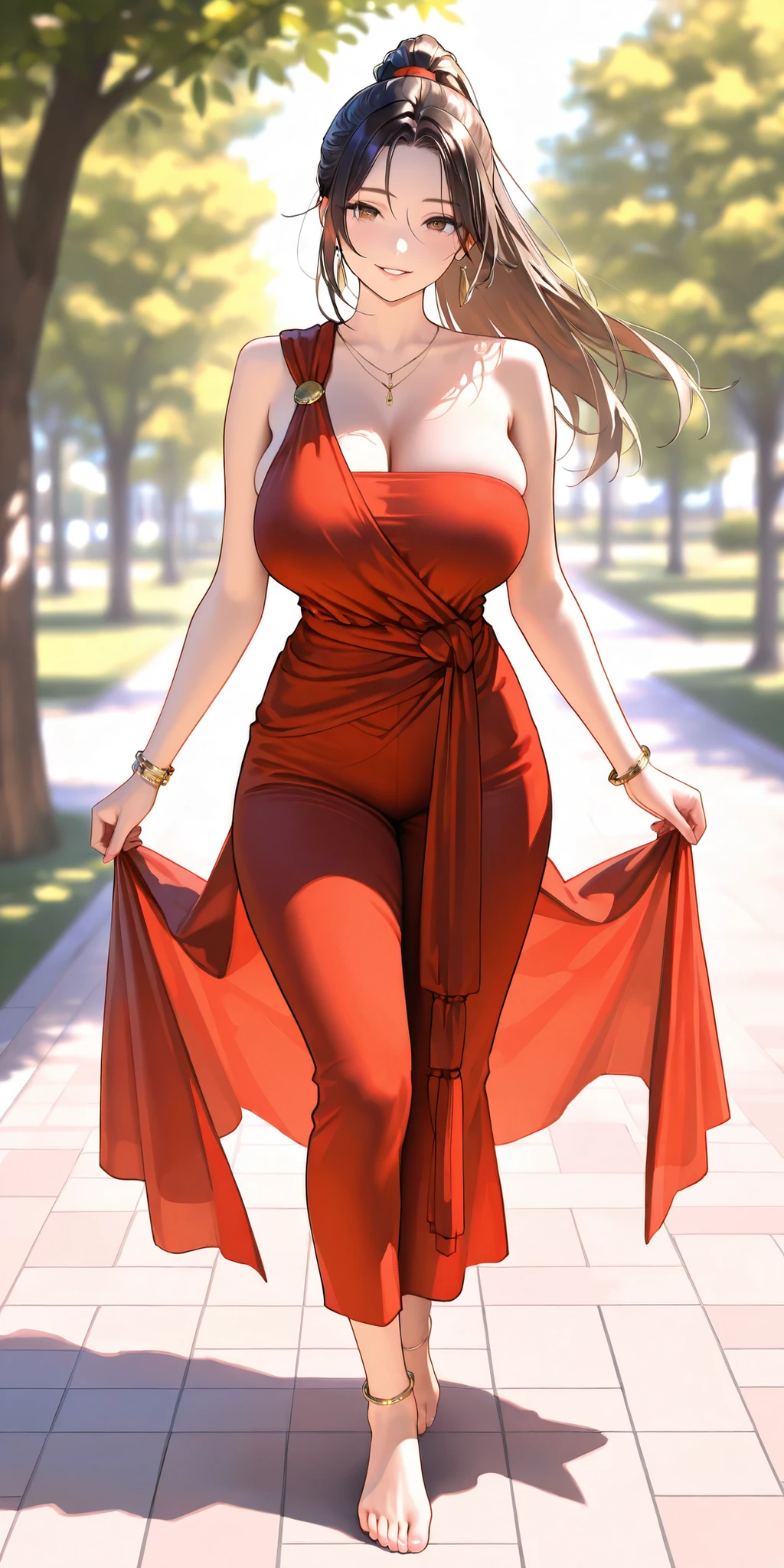 Masterpiece, newest, vibrant, very aesthetic, high contrast, beautiful girl, straight hair, high ponytail long hair, parted lips, smile, perfect body, big breast, saree, bracelet, anklet, bare foot, full body, walking, park, best quality, realistic face, realistic body, stunning visual cg, looking at viewer, cowboy shoots, view from above