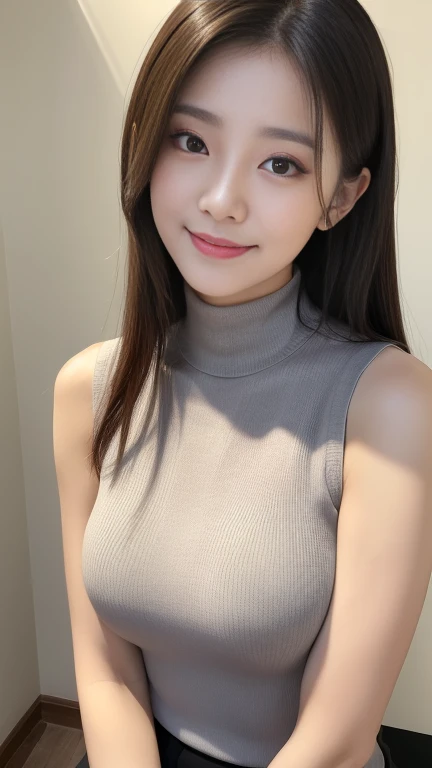 (((masterpiece))),(((High resolution)))、(((8K)))、(((perfect face)))、(((Korean idol)))、20 years old、((sleeveless turtle neck, business super mini pencil skirt)), ((top quality eyes)), detailed texture, ((high resolution face)), cute smile, panty shot
