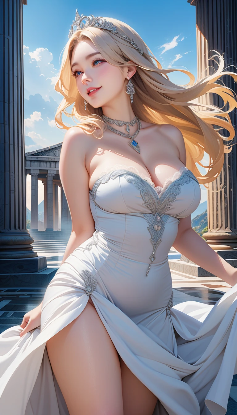 Disney, masterpiece, (photorealistic:1.4), best quality, fantasy, 1girl, green eyes, (massive rfemale bodybuilder), (narrow waist:1.2), (gigantic breasts:1.2), upper body, nsfw, white nightgown, gold lace trim, bracelet, very long blonde hair, braid, veins, dominatrix, detailed, intricate, RAW photo, 8k uhd, film grain, fantasy, sultry, cinematic lighting, scenic light,squeeze, grope, Scandinavian girl, smiling