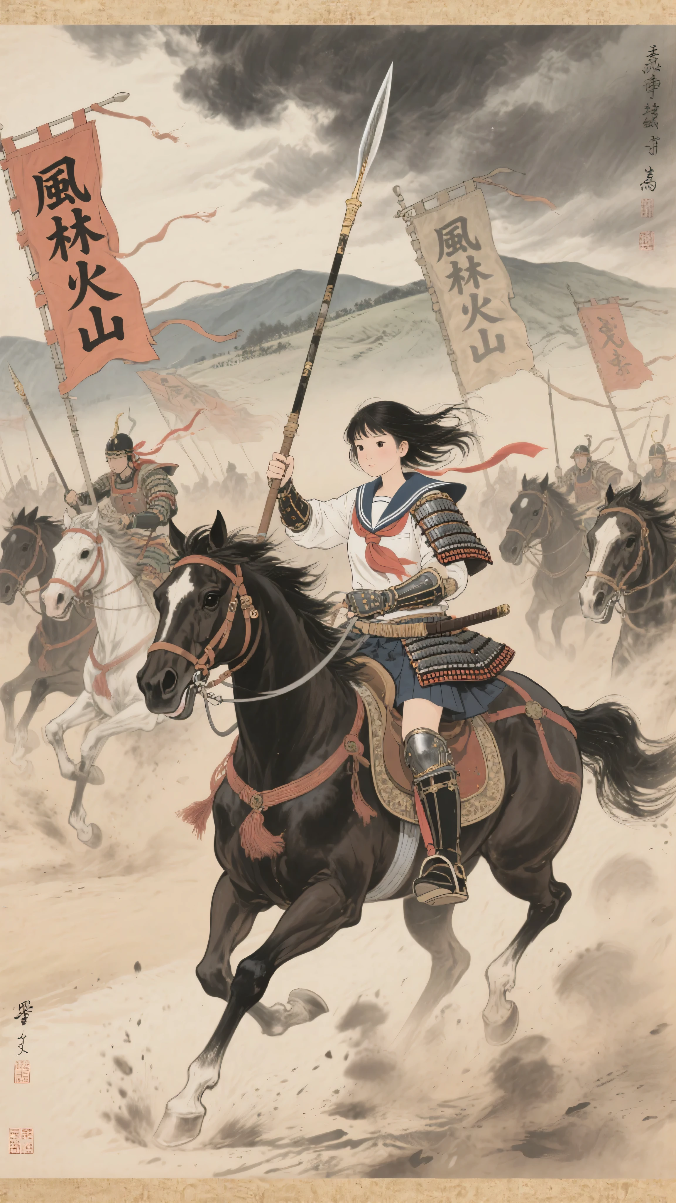 japanese emakimono painting style, traditional ink and color on silk, horizontal scroll composition, Sengoku period cavalry charge, all mounted Takeda cavalry with fluttering banners bearing the kanji "風林火山", dust clouds swirling under galloping horses, modern Japanese schoolgirl in sailor uniform partially armored with traditional samurai gear, riding among them on horseback, clutching a yari spear, hair and ribbons flowing in the wind, old parchment texture, stylized dynamic brushstrokes, ink outlines and delicate muted color palette, background of stormy sky and distant ridges, intense forward motion and rhythmic composition, powerful contrast between her modern school uniform and the historical setting, solemn and heroic war scroll atmosphere, no modern elements aside from the girl's presence



























































