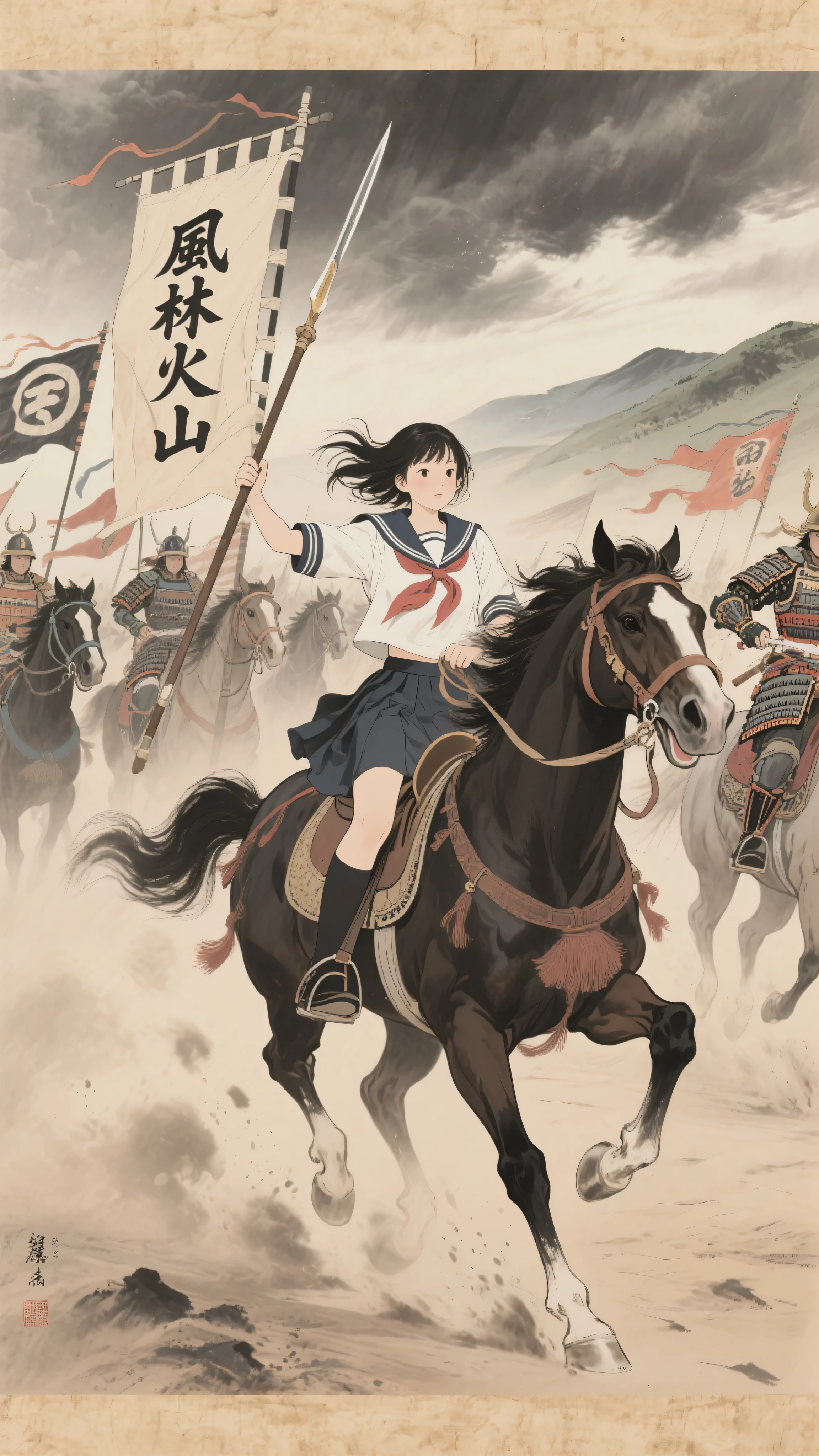 japanese emakimono painting style, traditional ink and color on silk, horizontal scroll composition, Sengoku period cavalry charge, all mounted Takeda cavalry with fluttering banners bearing the kanji "風林火山", dust clouds swirling under galloping horses, modern Japanese schoolgirl in sailor uniform partially armored with traditional samurai gear, riding among them on horseback, clutching a yari spear, hair and ribbons flowing in the wind, old parchment texture, stylized dynamic brushstrokes, ink outlines and delicate muted color palette, background of stormy sky and distant ridges, intense forward motion and rhythmic composition, powerful contrast between her modern school uniform and the historical setting, solemn and heroic war scroll atmosphere, no modern elements aside from the girl's presence



























































