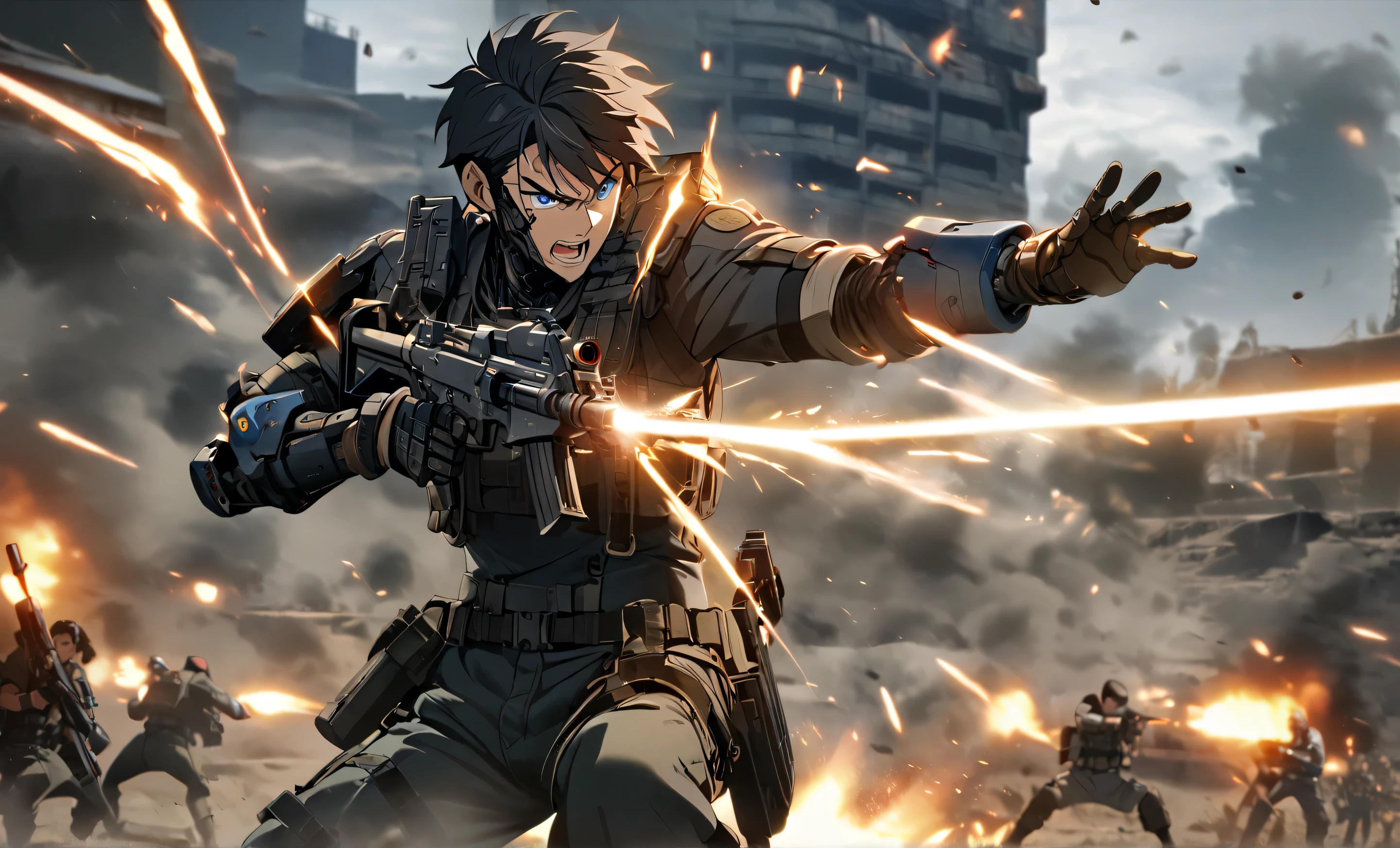 1boy, male, cute boy, Black short hair, Blue eyes, Ekkarit Masiha, a solder doing military fight, fight shoot effect, background in battlefield, gun, Super Blue, mechanical arm, cyborg, Armor Black, Core Blue, Anime, Fight shoot effect, while his rifle locks onto unseen targets. He’s the embodiment of relentless focus in a storm of violence. HD, 4K resolution