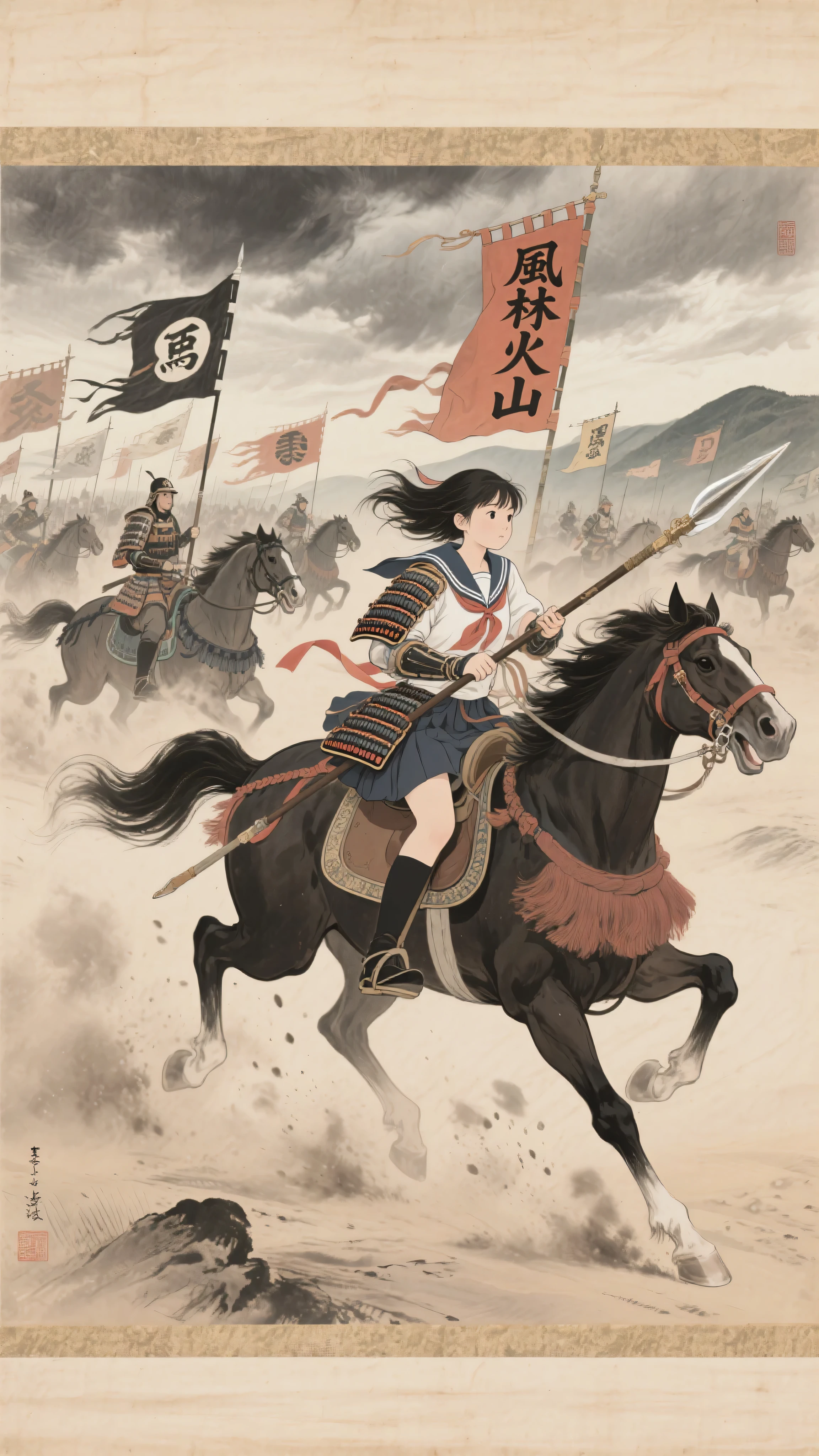 japanese emakimono painting style, traditional ink and color on silk, horizontal scroll composition, Sengoku period cavalry charge, all mounted Takeda cavalry with fluttering banners bearing the kanji "風林火山", dust clouds swirling under galloping horses, modern Japanese schoolgirl in sailor uniform partially armored with traditional samurai gear, riding among them on horseback, clutching a yari spear, hair and ribbons flowing in the wind, old parchment texture, stylized dynamic brushstrokes, ink outlines and delicate muted color palette, background of stormy sky and distant ridges, intense forward motion and rhythmic composition, powerful contrast between her modern school uniform and the historical setting, solemn and heroic war scroll atmosphere, no modern elements aside from the girl's presence



























































