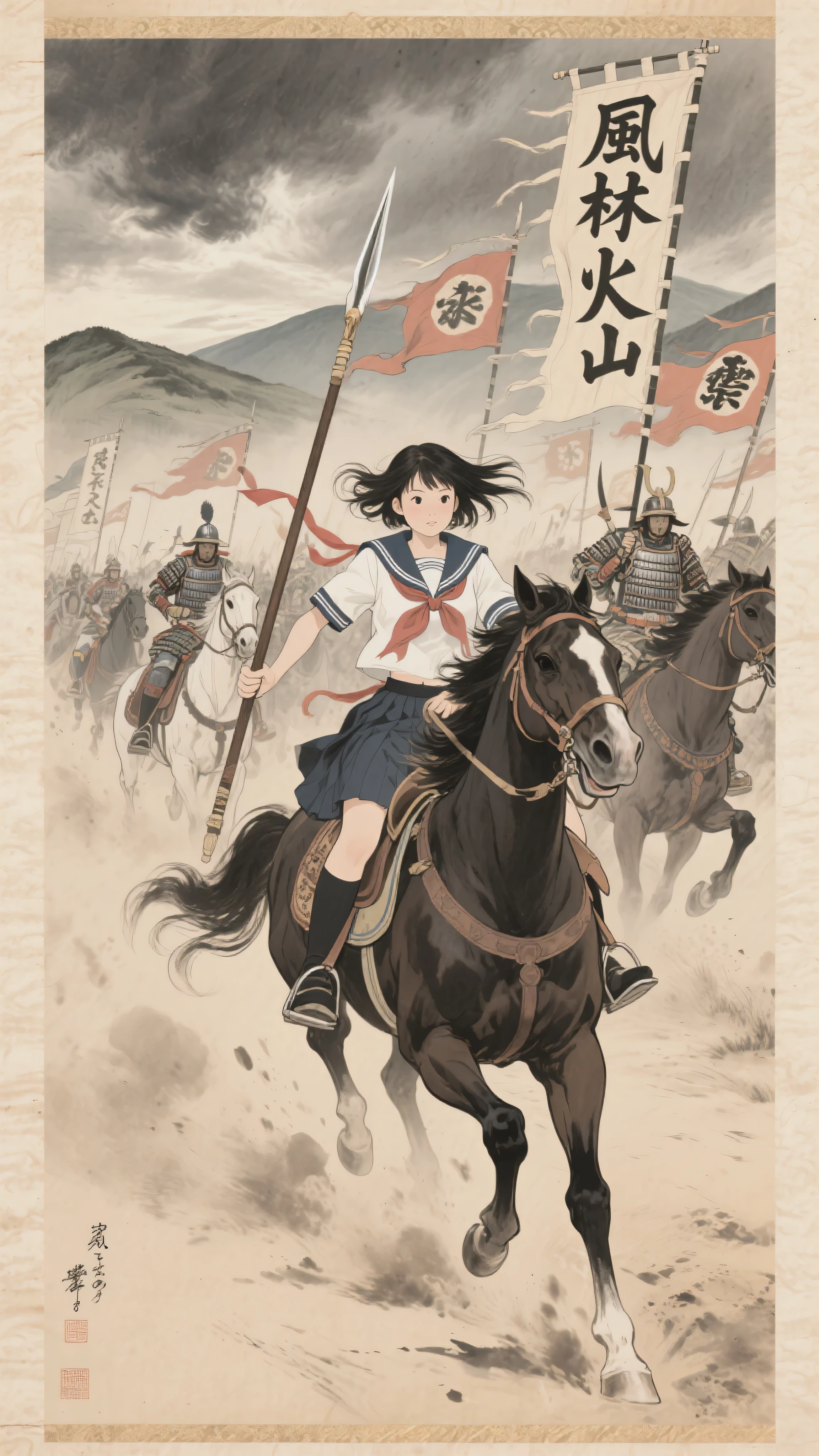 japanese emakimono painting style, traditional ink and color on silk, horizontal scroll composition, Sengoku period cavalry charge, all mounted Takeda cavalry with fluttering banners bearing the kanji "風林火山", dust clouds swirling under galloping horses, modern Japanese schoolgirl in sailor uniform partially armored with traditional samurai gear, riding among them on horseback, clutching a yari spear, hair and ribbons flowing in the wind, old parchment texture, stylized dynamic brushstrokes, ink outlines and delicate muted color palette, background of stormy sky and distant ridges, intense forward motion and rhythmic composition, powerful contrast between her modern school uniform and the historical setting, solemn and heroic war scroll atmosphere, no modern elements aside from the girl's presence



























































