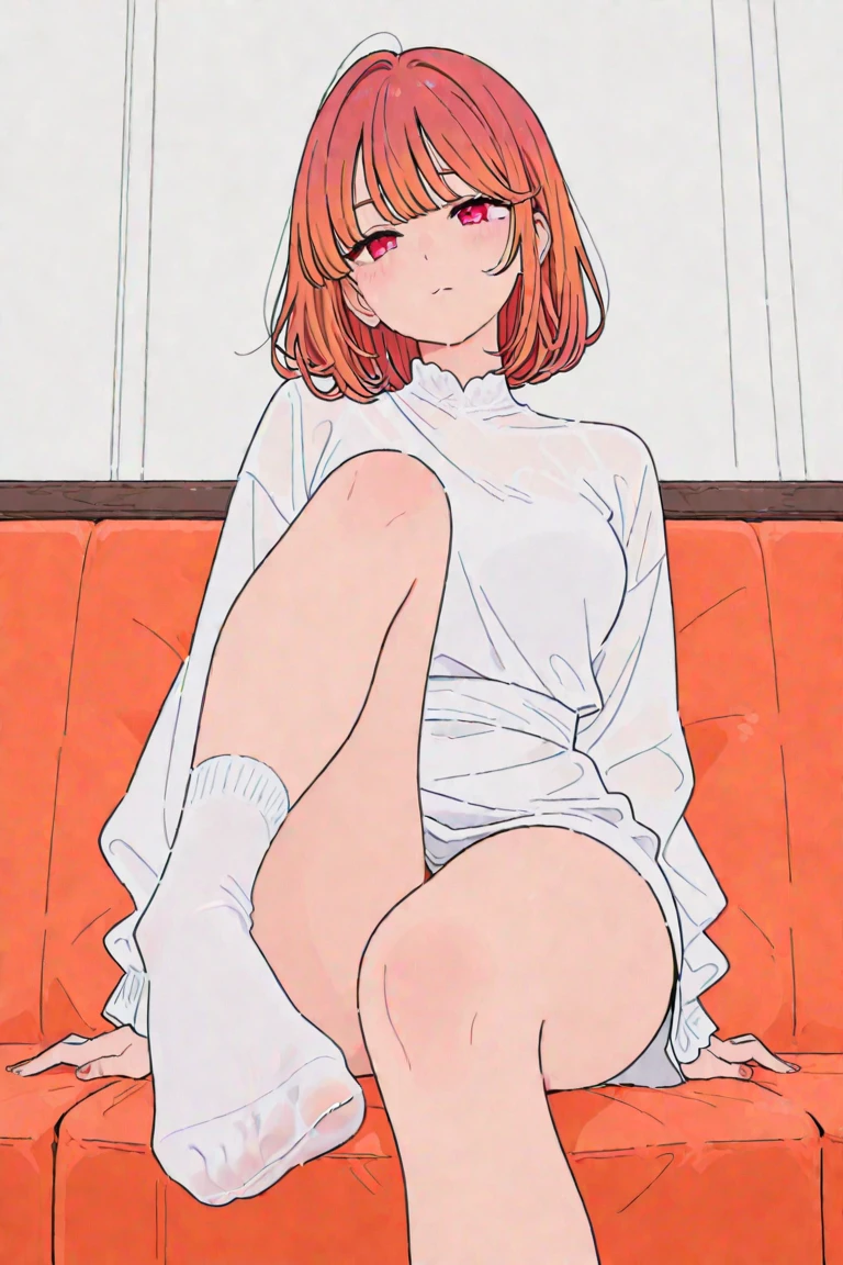 Toru Asakura、Mature and slender body shape1Japan of people18Year old girl、slightly disheveled hair、Full body view from head to toe、blushing look、Puzzled look、Excited look、Sweating、Upward expression、Composition from slightly below、Sitting facing the front、M-shaped legs、crouching down、It spreads in an M shape、Holding your feet、small tits、Underwear、White bra、White panties、Black pantyhose、(Black_pantyhose):1.2)、Show white panties through stockings、No shoes、Bedrooms、inside in room、during daytime、blushing、looking at the viewers、Panchira、Composition from the front、watching at viewers、Slender feet、Slender thighs、Slim toes、White panties are visible
