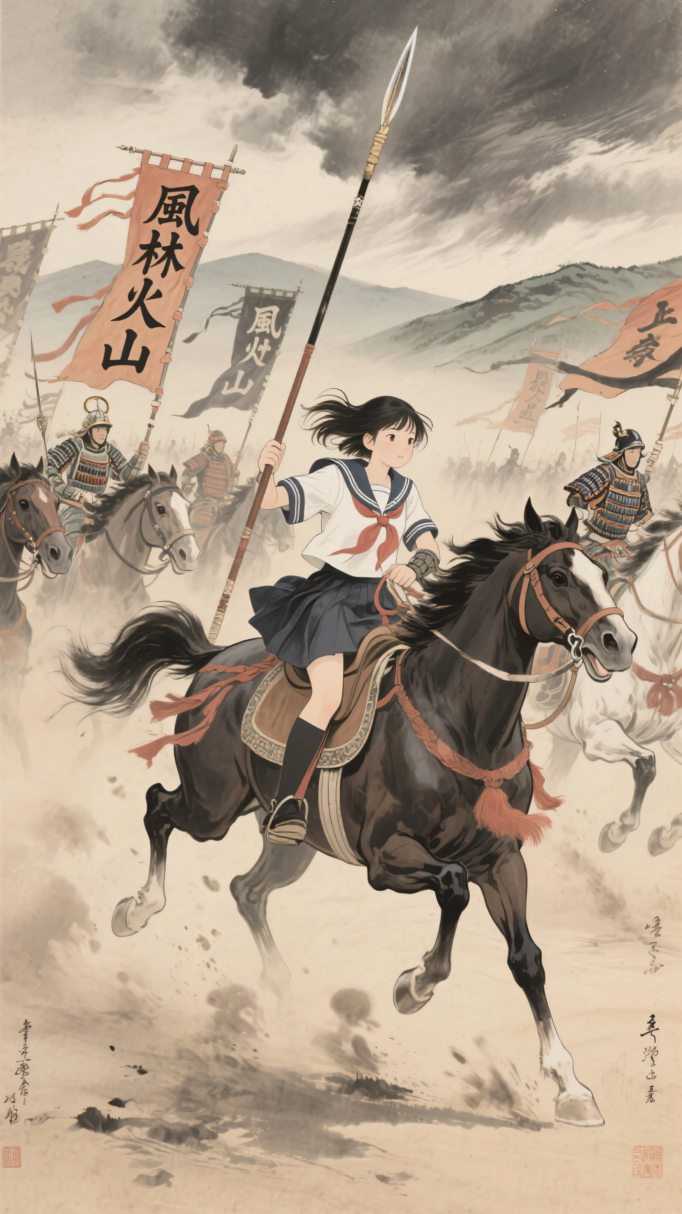 japanese emakimono painting style, traditional ink and color on silk, horizontal scroll composition, Sengoku period cavalry charge, all mounted Takeda cavalry with fluttering banners bearing the kanji "風林火山", dust clouds swirling under galloping horses, modern Japanese schoolgirl in sailor uniform partially armored with traditional samurai gear, riding among them on horseback, clutching a yari spear, hair and ribbons flowing in the wind, old parchment texture, stylized dynamic brushstrokes, ink outlines and delicate muted color palette, background of stormy sky and distant ridges, intense forward motion and rhythmic composition, powerful contrast between her modern school uniform and the historical setting, solemn and heroic war scroll atmosphere, no modern elements aside from the girl's presence



























































