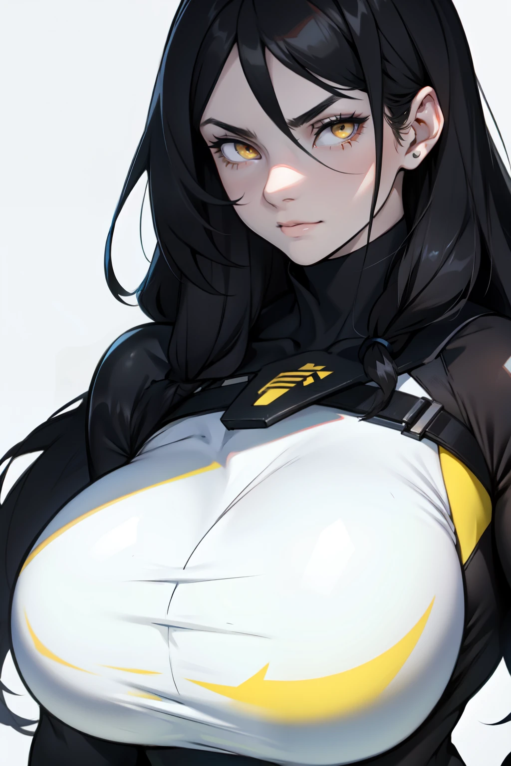 (((muscular girl))) pale skin black hair frown yellow eyes