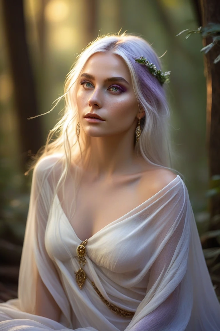 NSFW、hightquality、high-level image quality、hight resolution、a picture、Perfect human body structure、1 Beautiful Girl、full bodyesbian、A sly smile、elvish、Crystal clear silver hair、fullnude、White and thin silk robes disheveled、Wet and snugly attached to the skin、Open crotch、Forest with springs、Pose Seductive