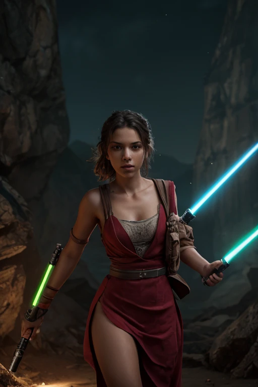 photograph of a jedi knight man with a lightsaber 1 in one hand, striking pose, dramatic action, star wars, (hdr:1.3), complex background, cinematic, filmic, (artstation: 0.8),, photorealistic, hyperrealistic, hyperdetailed, style, cocked hip, demure, low cut, detailed skin, matte skin, soft lighting, subsurface scattering, realistic, heavy shadow, masterpiece, best quality, ultra realistic, 8k, golden ratio, Intricate, High detail, film photography, soft focus