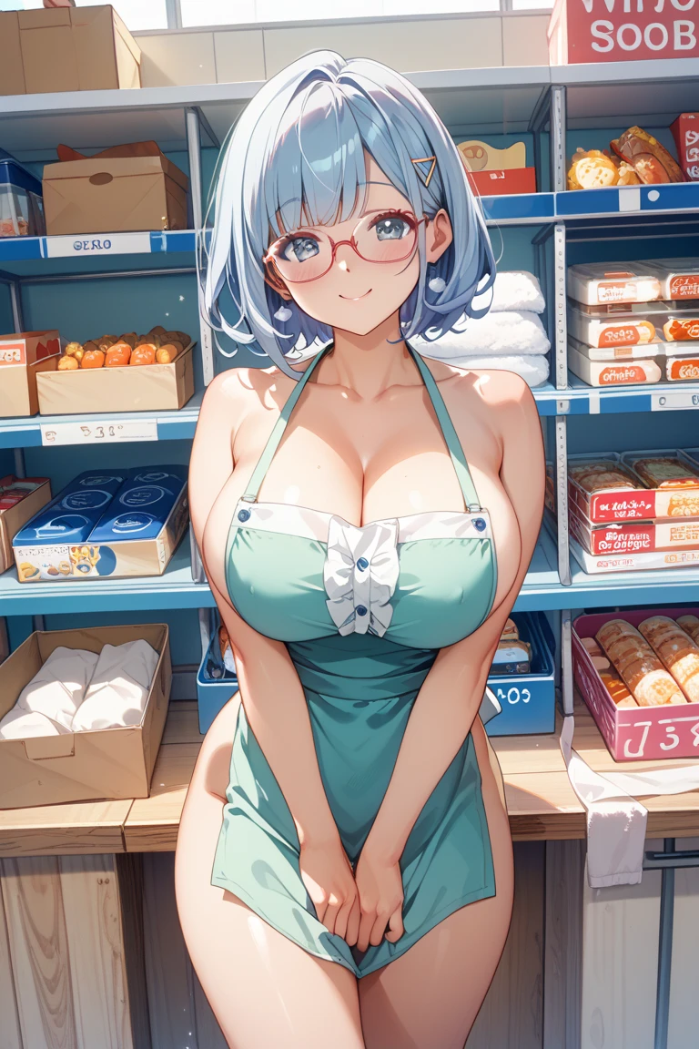 OrimiyaYui, short hair, blue hair, hair ornament, blue eyes,nsfw, , large breasts, , , empty eyes , large breasts, nipple, , Peeing, lactation, projectile lactation, Sweets shop, frozen, wet, crying ,, Naked, , (1girl) ,solo
