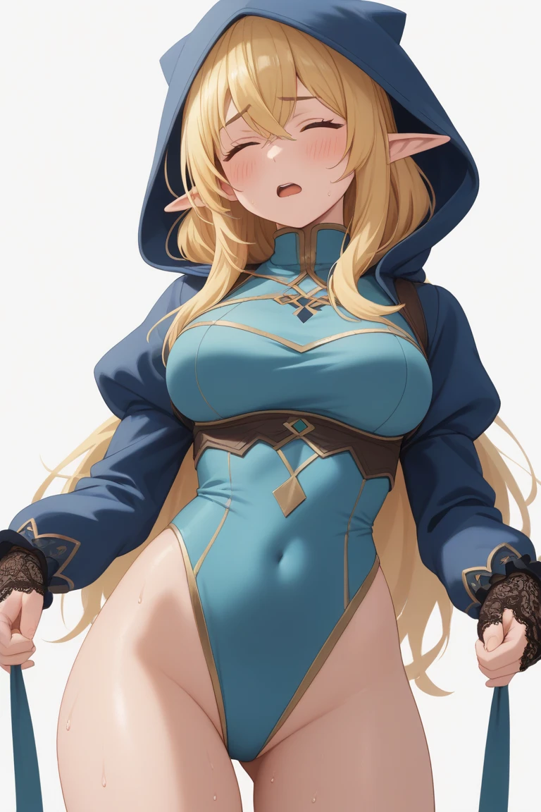 young elf girl, blue eyes, blue Pullover, black long skirt, whole body to see, smiled, excited, moans, blond long hair, sexy pose, big breasts, wide hips