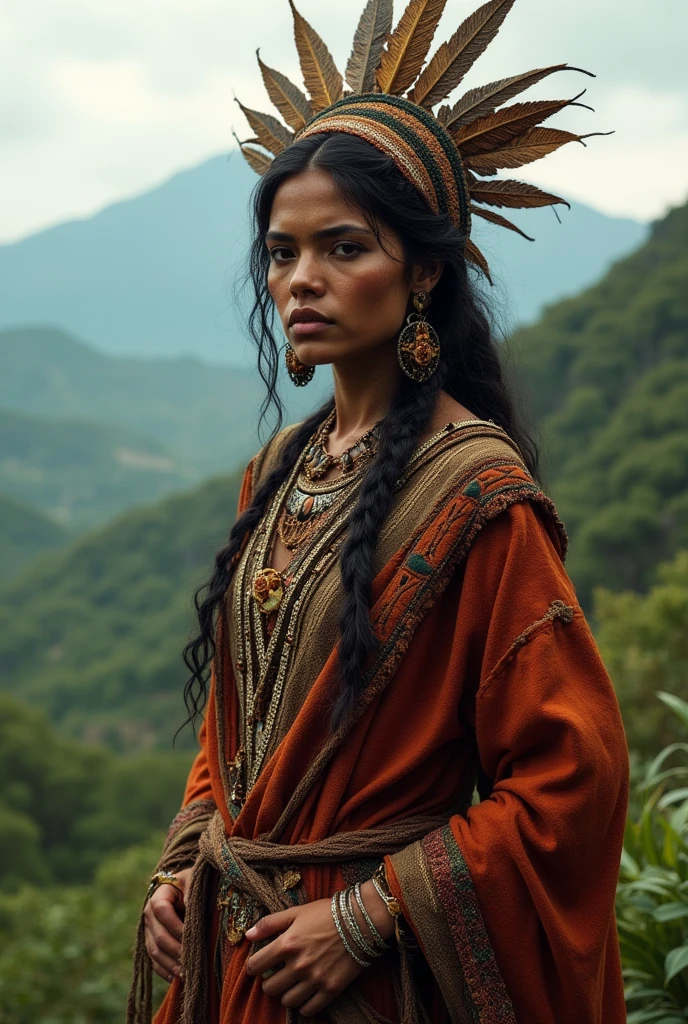 Woman with headdress and necklace, portrait of a young pocahontas, , indian girl with dark skin, very big cleavage, wearing a native american choker, defined abs, ,beautfull woman, Pocahontas, : Native American Shamen Fantasy, Amazonian indigenous peoples in Brazil, CRU photo, dslr, soft lighting, high qulity, film grain, fujifilm xt, realisitic, cinematic