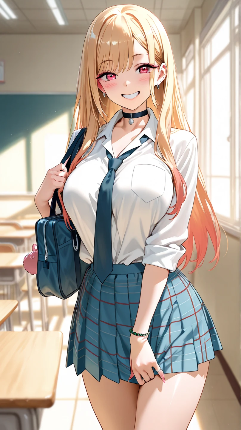 long hair, cleavage, navel, slim legs, blonde hair, skirt, Kitagawa marin, school uniform, class