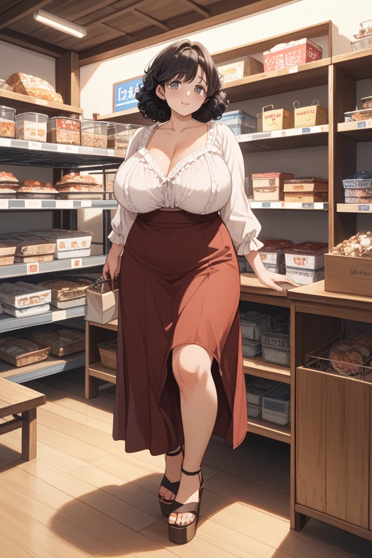 cute little sophie (messy bun hair and blue eyes), huge smile, wearing virgin killer sweater, deep_scoop_neck, huge breasts, naked underneath, facing away from camera, leaning forward onto shelves, on tiptoes, sweater up (showing bum:1.3), supermarket