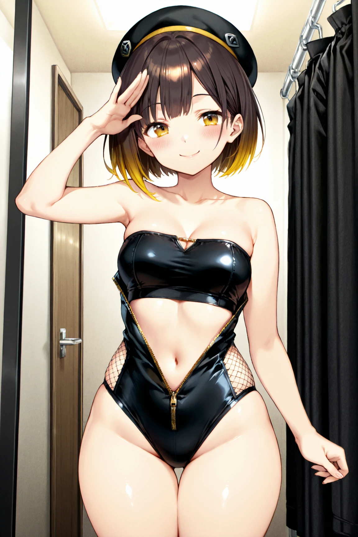 (masterpiece),(best quality),(ultra-detailed),(best illustration),(best shadow),(absurdres),(detailed background),(very aesthetic), luca ikaruga, 1girl, blonde hair, solo, multicolored hair,goldmetallic verymicrobikini,coverdnipple,hairypussy, yellow eyes, looking at viewer, black hair, night city background