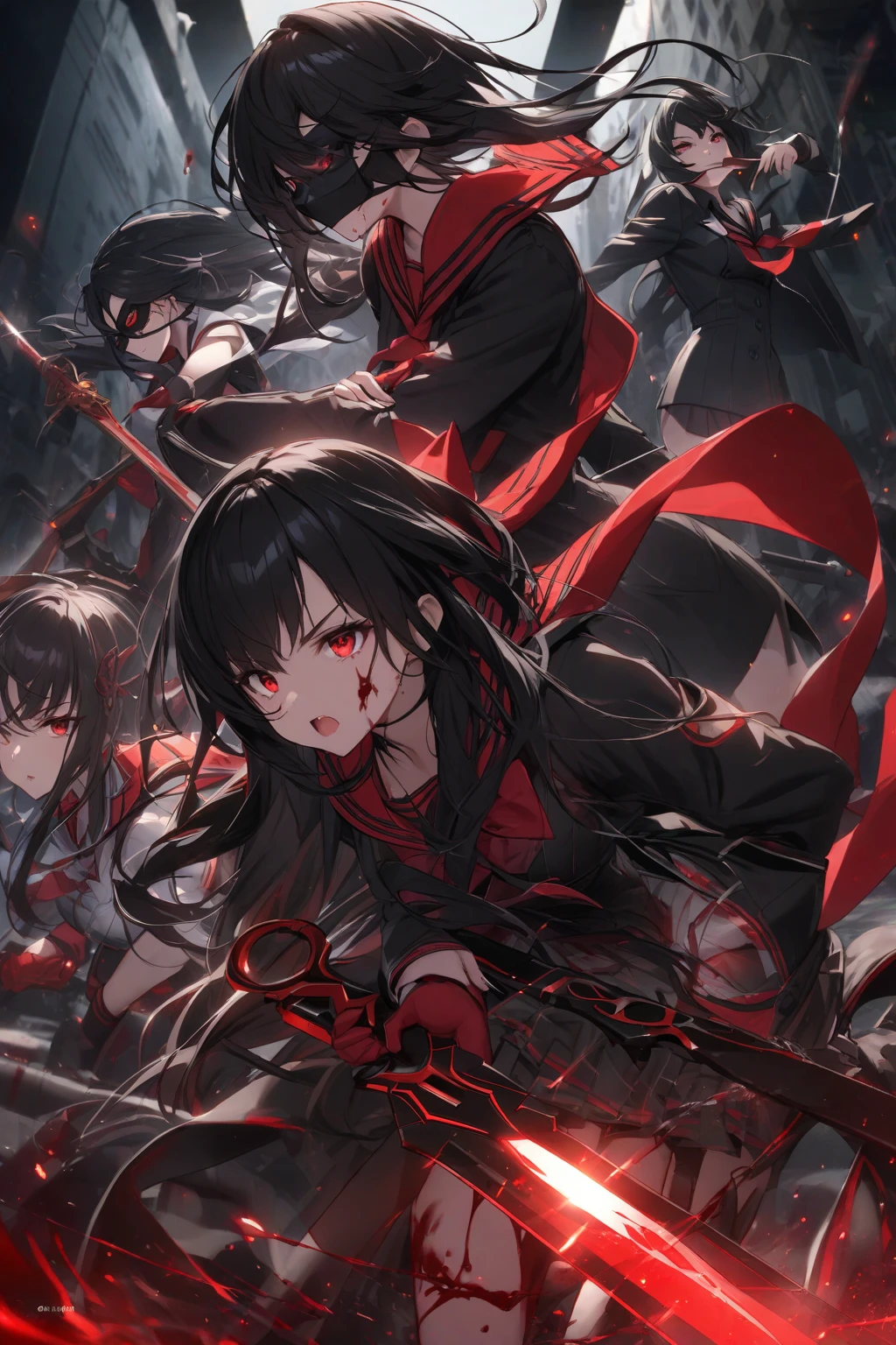 Long hair bangs do not cover the forehead,Forbidden competitive puppeteer in black and red colors,