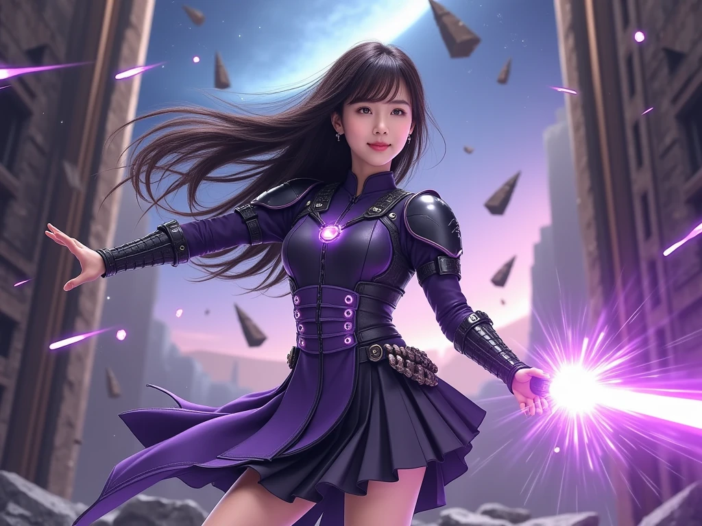 A cute  girl is in a strange jewel inlaid outfit, she has a tiara with a magic symbol, her eyes are violet, she is in an action pose wielding a wand that has a heart motif, electricity dances around her and she hurls a lightning bolt from her wand