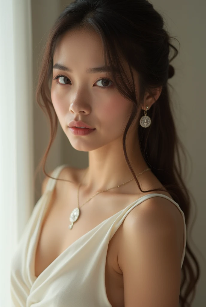 (masterpiece, Highest quality:1.4), Award-winning full-body photography, 8k, 85mm, alone, Beautiful Face,14 Talents、Smiling Kindly、 Cute hairstyle、Cute Necklace、Great style、Cute face like a Japanese idol、Baby Face、Beautiful Eyes、Beautiful clavicle、chinese bun black short hair,bun cover,china dress, long dress,tight mini skirt, gold decoration dress, sleeveless, ultra detailed dress,cleavage, cleavage cutout, clothing cutout,Cute hairstyle、Shapely breasts、Smiling Kindly、Blushing and embarrassed