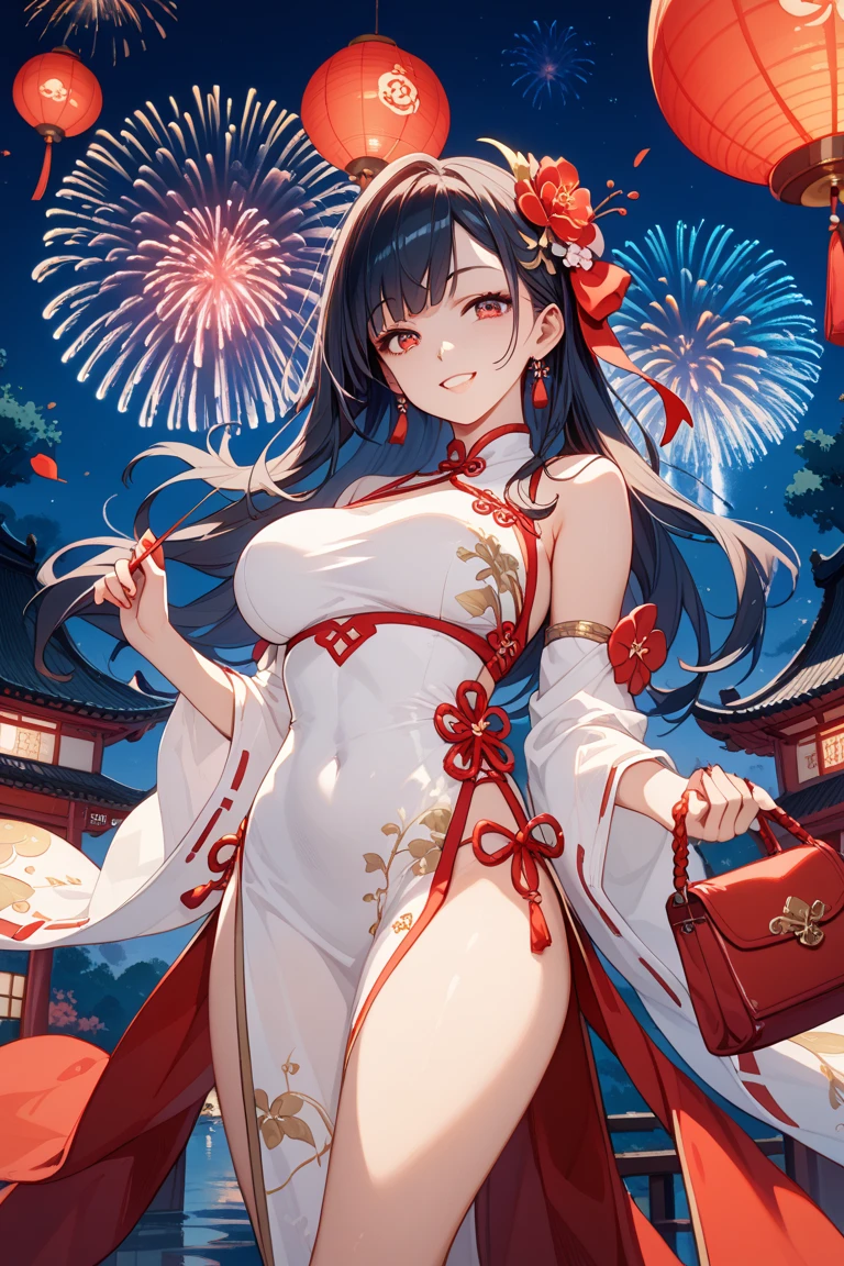 (masterpiece:1.5), (((top quality, best quality, high quality))), ((intricately detailed, ultra-detailed, insanely detailed)), highres, 32K, extremely detailed unity CG 8K wallpaper, (beautiful and aesthetic:1.2),, (depth of field:1.3), (immaculate:1.3), (delicate detailed depiction:1.4), (photorealistic:1.4), (surrealism:1.3),
((brilliant full lighting, luscious colors)),   (illustration of an otherworldly beautiful woman:1.3),
(upper body:1.4), (perfectly created hands:1.4), (natural willowy posture:1.5), (((dynamic pose, cinematic angle))),
(1girl:1.5), (mature female:1.4), (exotic dancer:1.5),
beautiful gorgeous face, [(detailed face:1.2):0.2], bright eyes, pureerosface_v1, ulzzang-6500-v1.1,  (closed mouth:1.5), (red lips:1.4), (puffy thick full lips:1.4), (light smile:1.3),
attractive flawless body, (((pronounced feminine curves))), bright glistening skin, realistic skin, skin pores, (voluptuous:1.5), (((toned belly,  navel, groin:1.3))), narrow waist,
(crimson red Chinese dress:1.5), (tailored cheongsam:1.5), (ornate glittering criss-cross halter:1.5), (ornate pelvic curtain:1.5), (((fluttering golden fabricated threads))), (fringed tassels:1.3), (long sleeves:1.4), (detached collar), (fabrication glitters:1.5), (luxury intricate clothing jewelries:1.5), (jeweled embroideries:1.4), (clothing sparkles:1.4), (sparkling particles:1.3), (((sagging front seam, sagging hind seam))), (((earrings, armlets, hair ornaments))), 
(standing alone in front of a huge Chinese wooden courthouse:1.5), (cherry blossoms and chrysanthemum front garden:1.5), (((New Year's Eve))), (fireworks faraway in the night sky:1.4), (surreal delicate background:1.5), (intricate complex scene:1.5), (magnificent landscape:1.5), (brilliant volumetric background lighting:1.5),<lora:detail_slider_v4:1.8>, <lora:simple_anime_v1:-1>,