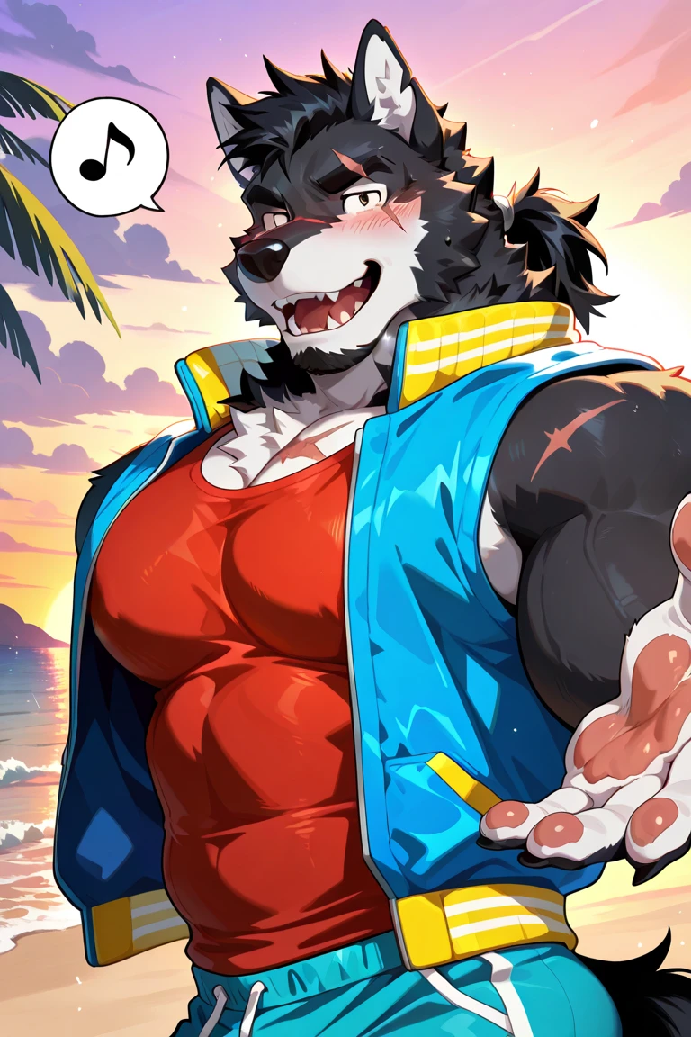 Alaskan Malamute dog black and white fur, muscular, furry, with face covered, black sleeveless shirt, blue underwear, penudo