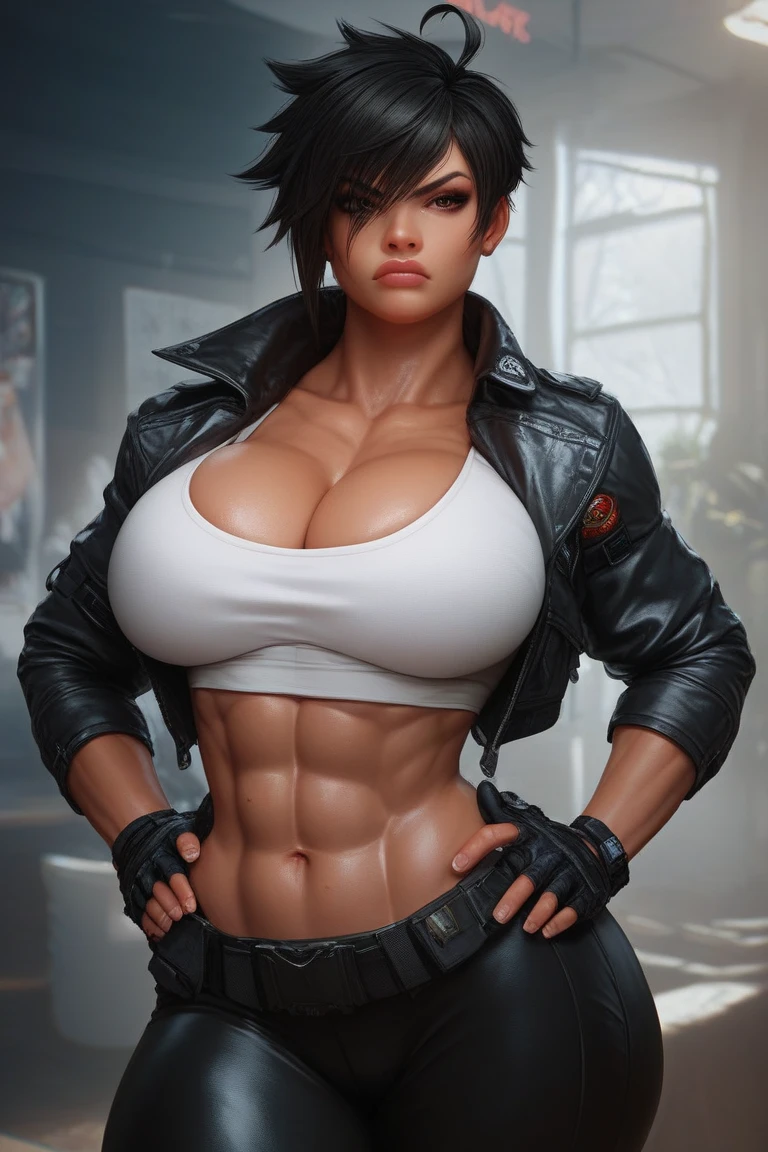 (LOOKING AT VIEWER:1.3), (MODERN), (PHOTOREALISTIC:1.4), (ULTRA-DETAILED), (TOP-QUALITY), (BEST SHADOWS), (MASTERPIECE), GYM, HYPER TEXTURE, (4X MSAA ), ( (UNREAL ENGINE 5 RENDER)), PHYSICALLY-BASED RENDERING)), ULTRA HIGH DEFINITION, 16K, 1080P,((FULL OF TATTOOS ON THE NECK, RIGHT ARM AND STOMACH)), anime, woman full of tattoos, mature woman , tomboy woman, tall body, sexy body, muscular body, masculine, large breasts, big buttocks, thick thighs, wide hips, slim waist, abs, short red hair, green eyes, short and sexy black gym clothes, sharp gaze, cold and flat expression , intimidating, dominating, styled like a masculine tomboy woman, super realistic, detailed, photoshoot, realistic face and body, realistic hair, realistic eyes, realistic nose, realistic lips, tattoos all over the body