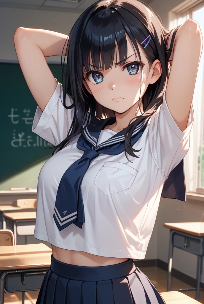 nsfw,alone, (One girl), Elementary school girl,8-year-old, ((White panties)), (wearing only the top half of sailor school uniform),sexy, (Cowboy Shot),  ((Put your arms behind your head)), classroom, With a girl：Her hair is long and black, Her face is round and cute, Black Hair, Low twin tails, (Are standing),(Shy, Embarrassing),from below,from the front,Wet,,(pussy juice),