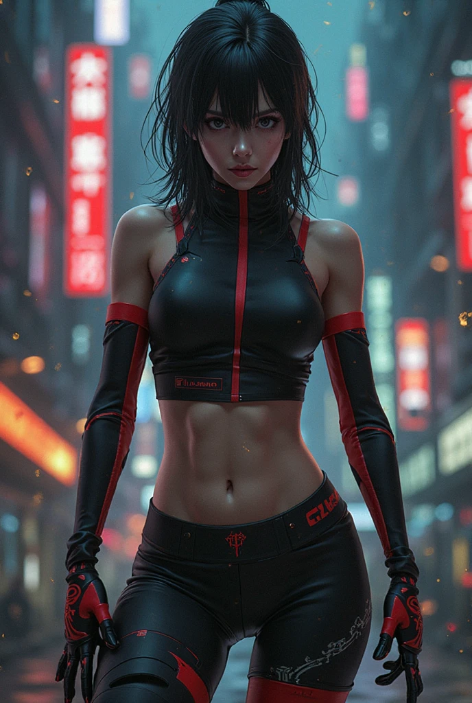 solo, 1girl, (masterpiece), ((16 year old appearance)), mohalk punk hair, small breasts, yellow eyes, ((detailed eyes)), (athletic body), (simple black cropped), micro black top with red details, Looking at the screen, orange lipstick, visible abs, small micro thong, navel, (collarbone), (cyberpunk scenery background)