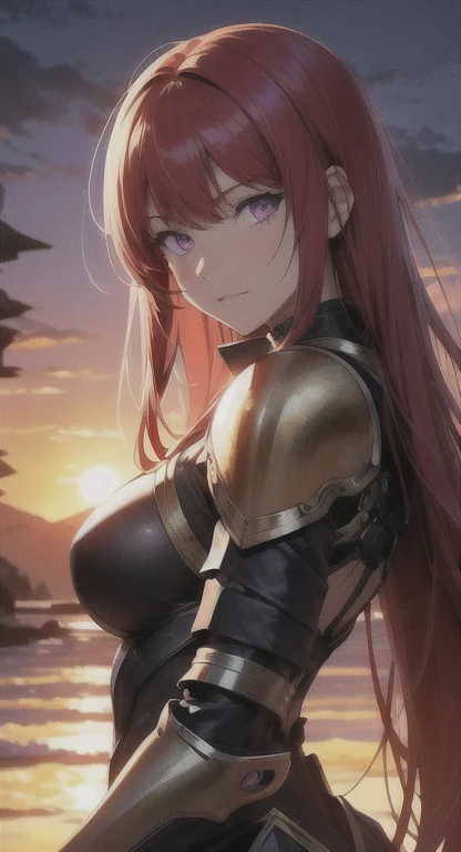 long red hair, blank purple eyes, Illiana, medieval hero, mechanical armor, sunset glow,