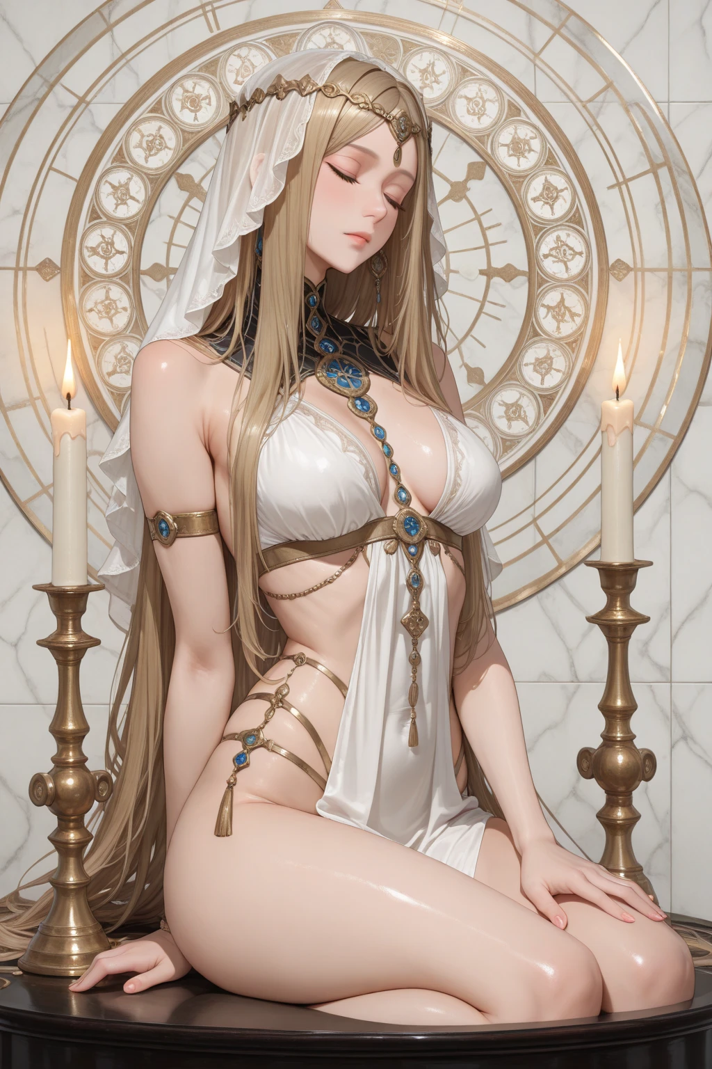 (masterpiece,best quality 1 4),super fine illustration,shiny pale white skin,detailed skin,detailed face,detailed eyes,an extremely cute and beautiful girl,beautiful face, shinny long hair, (maid costume), kneeling, hand between legs, full body,skinny,(small breast), awaiting tongue, on the bed, ((blindfold, restrained, shackles)), show off nipples, clothed