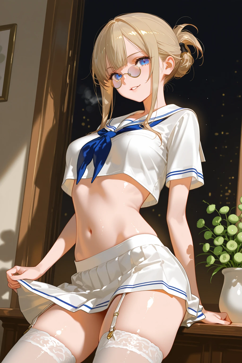 top-quality、realistic touch,high-detail、photoRealstic、thin-waist、captive beauty、big eye、solid platinum-blonde eyelashes、platinum-blonde、full body Esbian、Sparkling eyes、Submissive smile、Flushed cheeks、Kamimei、thin-waist、Voluptuous thighs、Enraptured look、In the classroom of  the school、Navel look、She is in estrus、a sailor suit、cocky expression、Colossal tits、Super short skirt with V-line visible、Camera angle from below、Big breasts visible between uniform and stomach、Sleeveless
