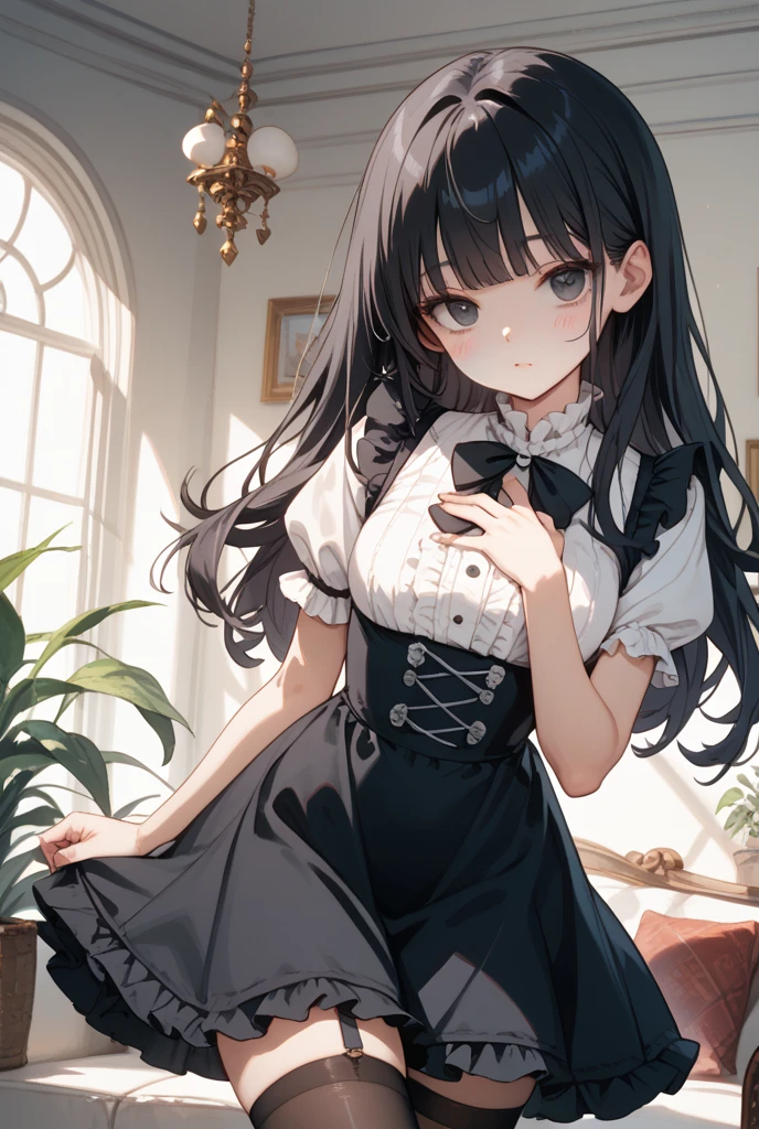(8K、Highest image quality、highest quality、masterpiece)、detailed face、((one loli))、black hair、short twintails、gray eyes、evil smile、((grin))、small breastaid))、short sleeve、put your hand on your mouth、cowboy shot、luxury room