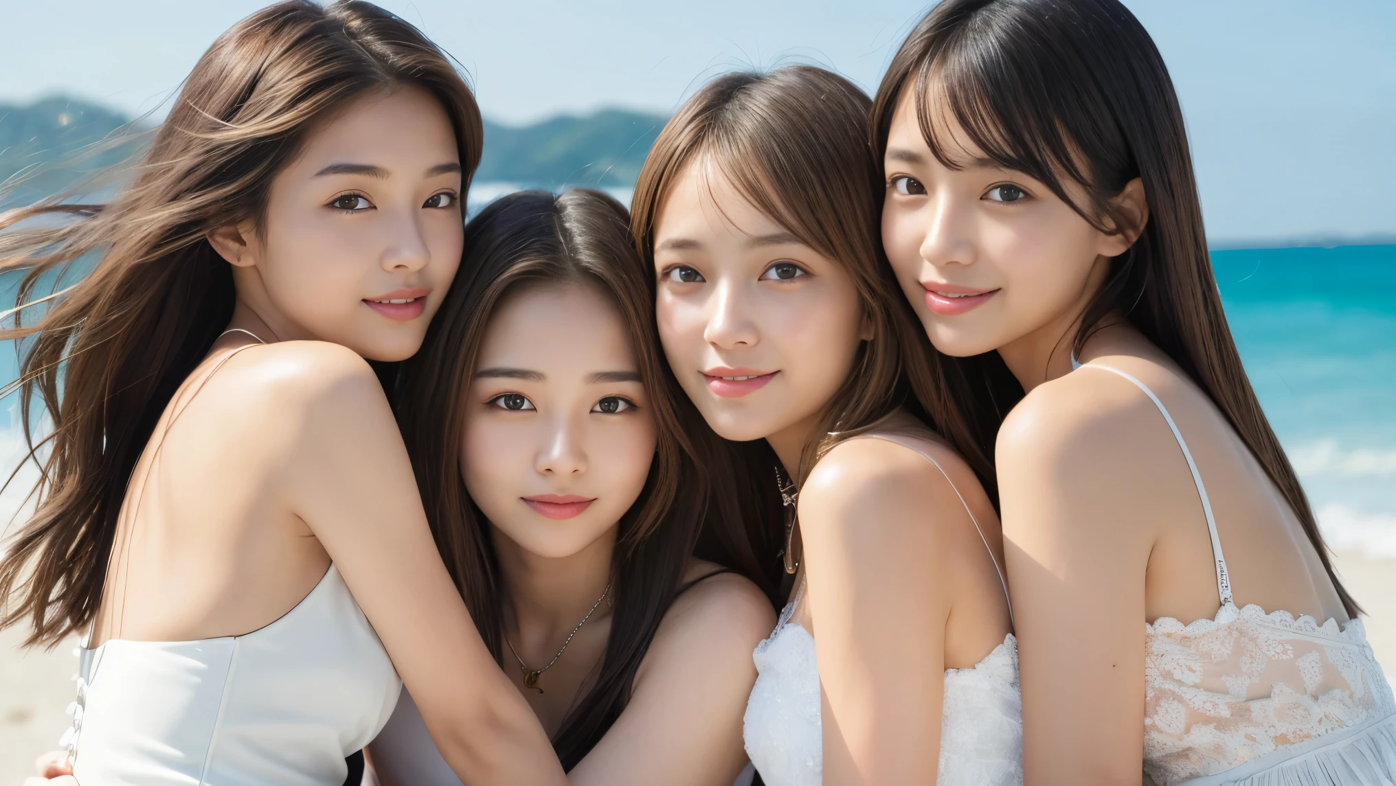 Highest quality、Five girls of different types、Beautiful and delicate light、(Beautiful and delicate eyes)、Beautiful legs、White skin、Brown eyes、Long black-brown hair、healthy、2000s (style)、Front shot、Asian Girl、bangs、Soft look、grace、8k art photography、Realなコンセプト アート、Real、Portrait、necklace、Small earrings、smile、Five girls standing on the beach