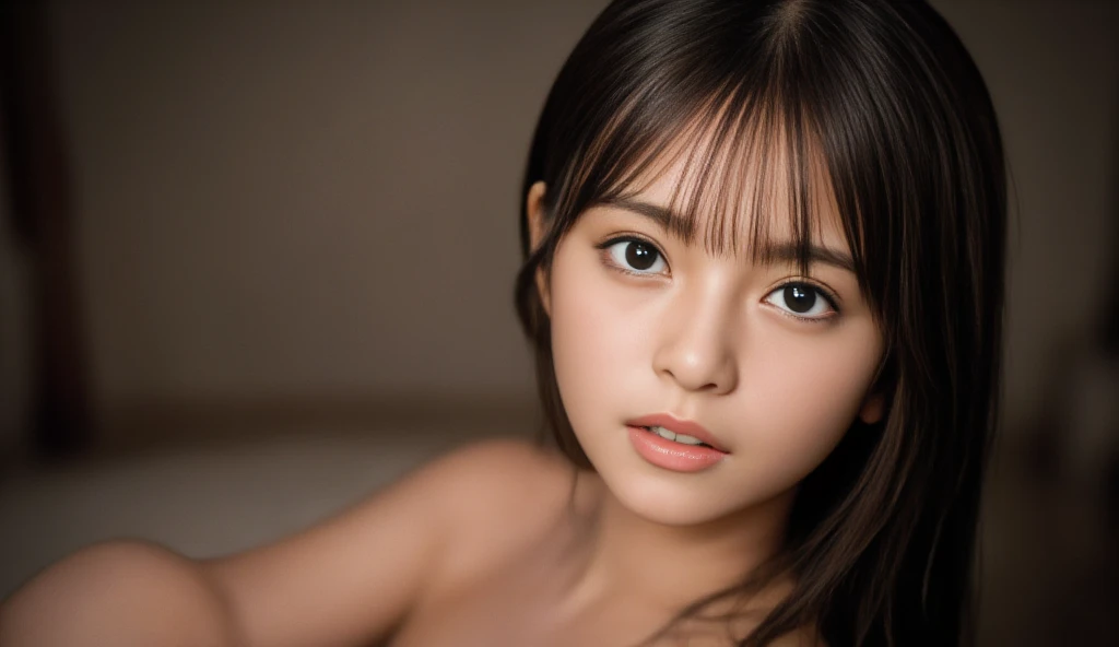 Highest quality、Realistic、12 years old、zoom、Orange eyes、Very short black hair、Light blue lingerie、thin、Sunburn。Dark Skin、