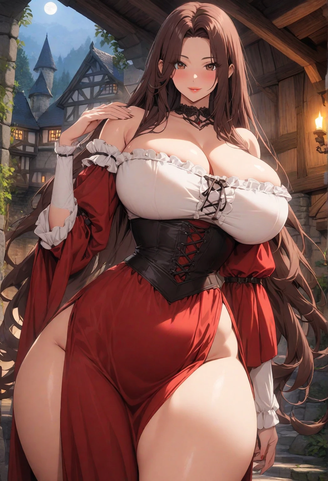 anime, vampire, girl, long hair, fluffy loose curly hair, dark hair color, stylish hairstyle, symmetrical hair, hair does not cover face, curvy body, sexy girl, beautiful girl, sensual vampress dress with corset, sexy face, youthful face, seductive smile, seductive facial expressions, clarity, detailed, detailed face, very detailed drawing, perfect composition, soft natural volumetric cinematic perfect light, masterpiece