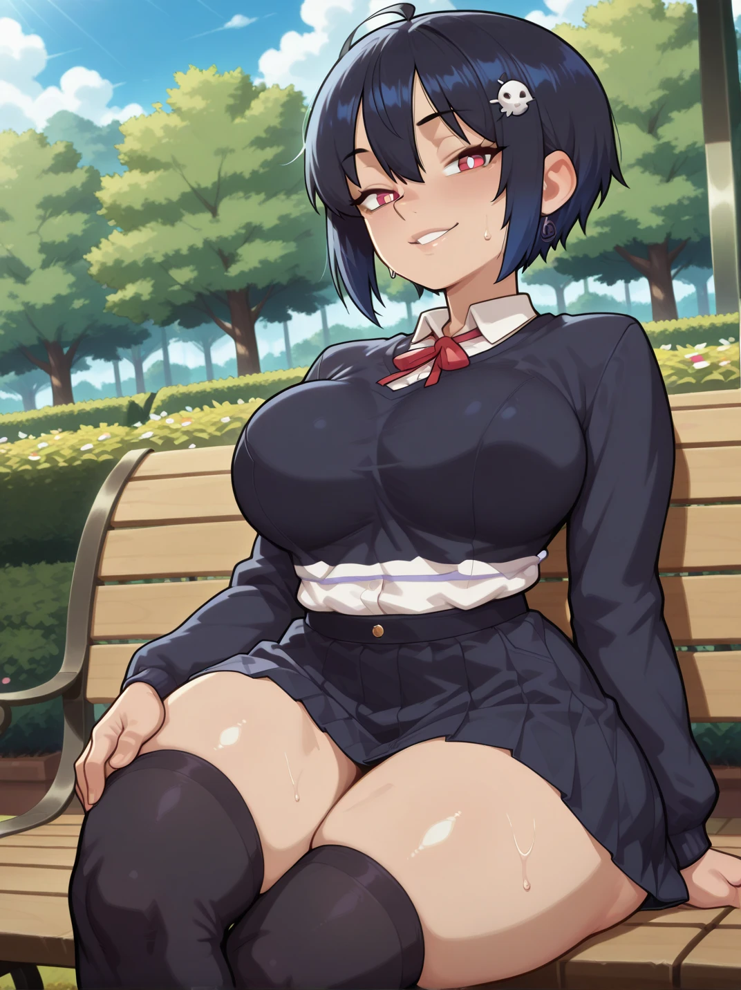1girl, KanaoTsuyuri(dmone slayer), blush, ktuniform, miniskirts, black hair, side ponytail, purple eyes,butterfly hair ornament, bangs,  squatting, thighhighs, gigantic breasts,