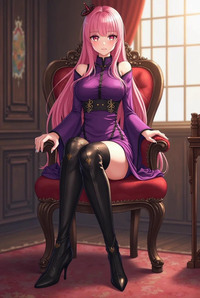 A beautiful mature woman with long pink hair and pink eyes sitting on a throne with a seductive simrk on her lips