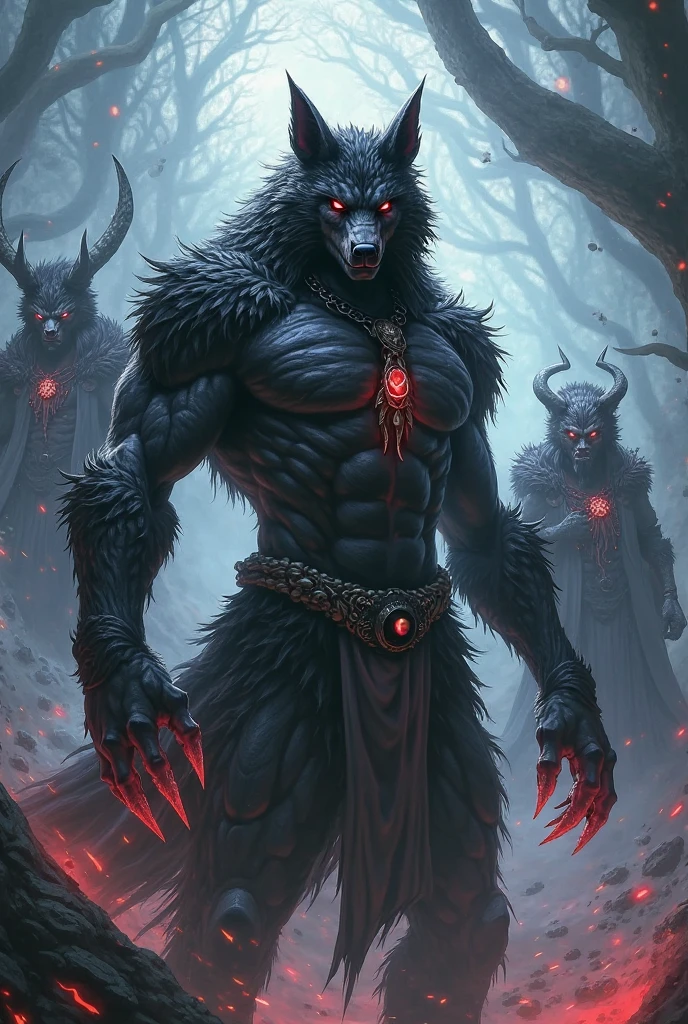 A black werewolf, red eyes, holding a staff. Wears a black overcoat.