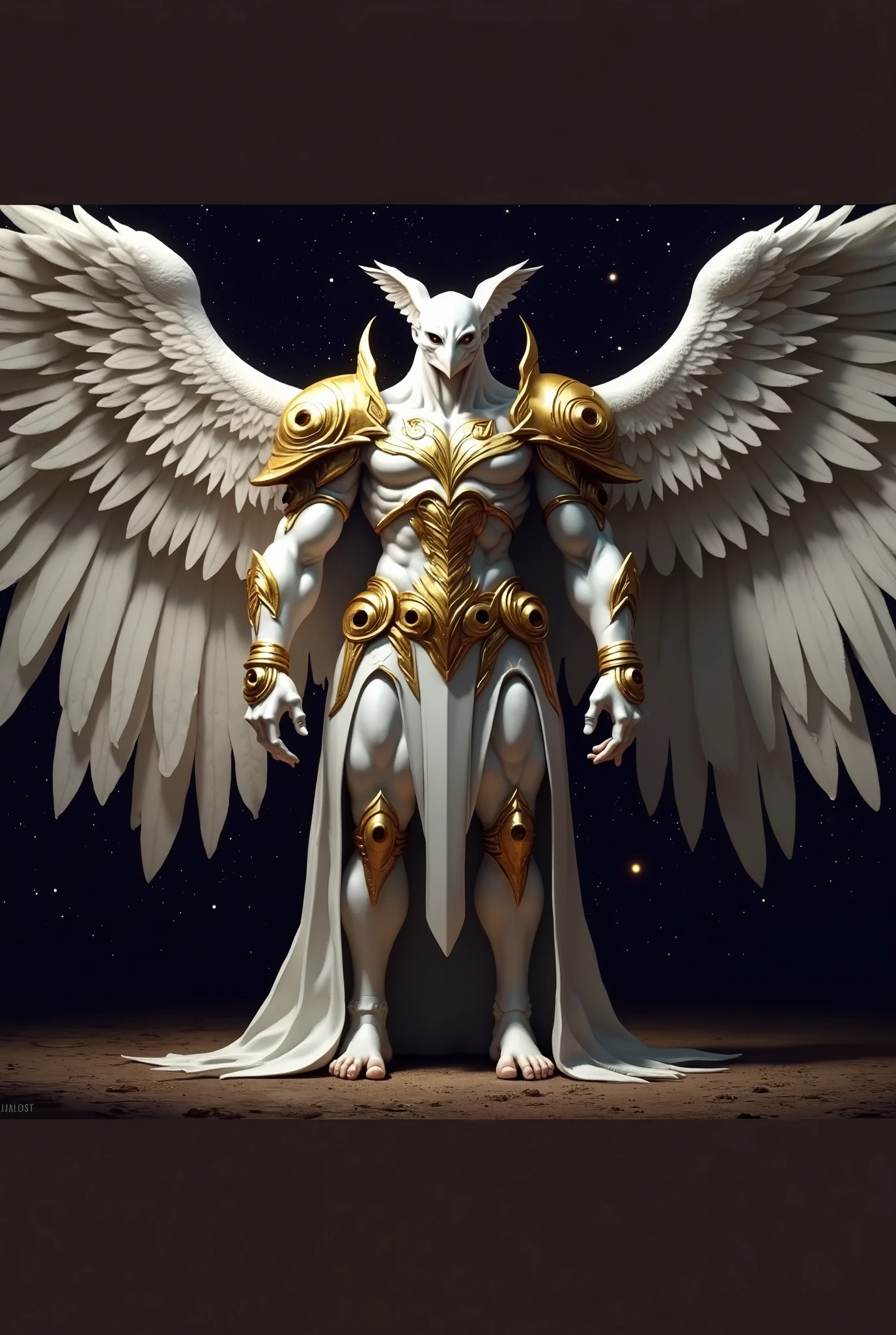 tall albino man with a faceless albino eagle helmet with white albino armor with golden edges with giant muscles with big angel wings with thousands of giant eyes Albino with thousands of giant golden eyes with arms with big muscles with white metallic bracelets with legs in white armor with gold with bare feet full body looking forward against a background of dark universe standing straight and firmly on the ground real life