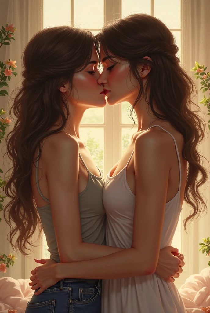 A couple of girls kissing, One with brown hair wearing a dress and the other of African descent with long hair