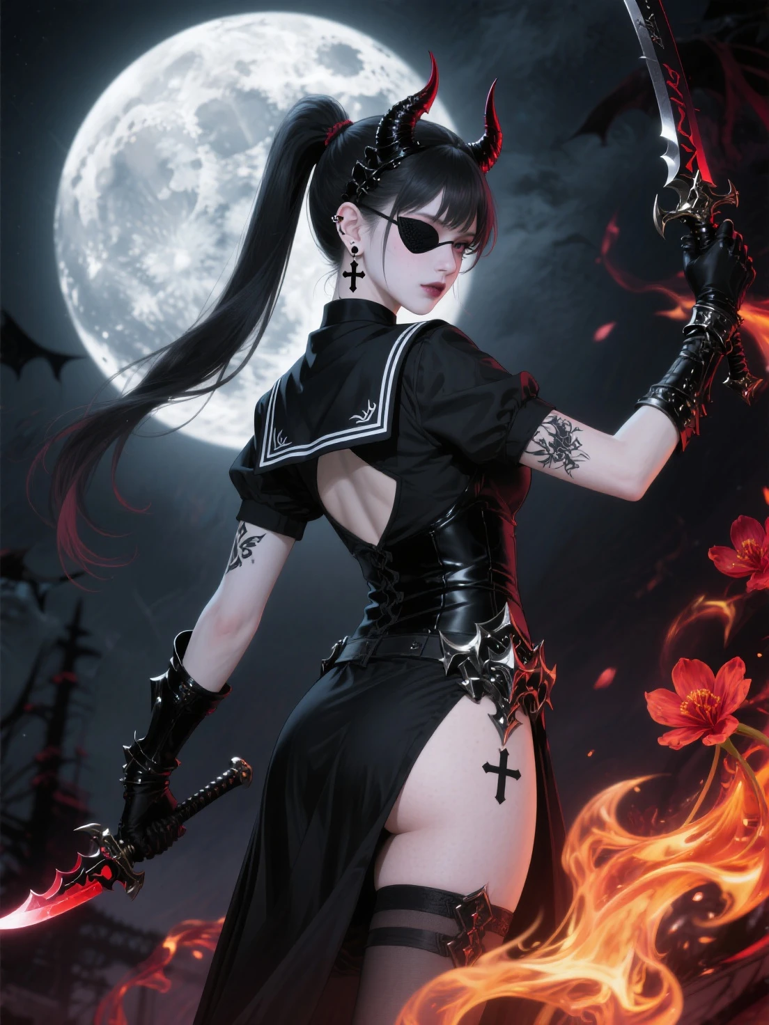  masterpiece, highest quality, high resolution, 4k,8k,(realistic, photo realistic: 1.5)、Ghost JK、 Emissary from Hell 、Cutting Evil、((all back＋high ponytail))、bewitching、pale skin:1.9,Makeup、Cool Designed Devil Weapons、black cross earrings、tattoo、eye patch、With the full moon in the background、Devil Gear、Devil Headgear、Devil Style Black Sailor Suit＋Armor、black skirt、sexy、Powerful、beautiful woman showing her bottom、heroine、Exquisite Details、best lighting、Poseをつける、Flaming petals dance:2.0 、Pose 、Anime Style
