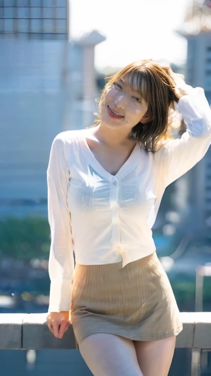 highest quality, masterpiece, Ultra-high resolution,16k,(((Face Focus))) (Realistic:1.6),((Portrait of a smiling person with their mouth wide open)) ,((Beautiful feet,)), ((White blouse with long pleated skirt)),((Slender body)),RAW Photos, 1 girl, 22 years old,((Crouching on the street)),((Short hair with a headband)),,((From below:1.4)),((Smiling with teeth showing)),