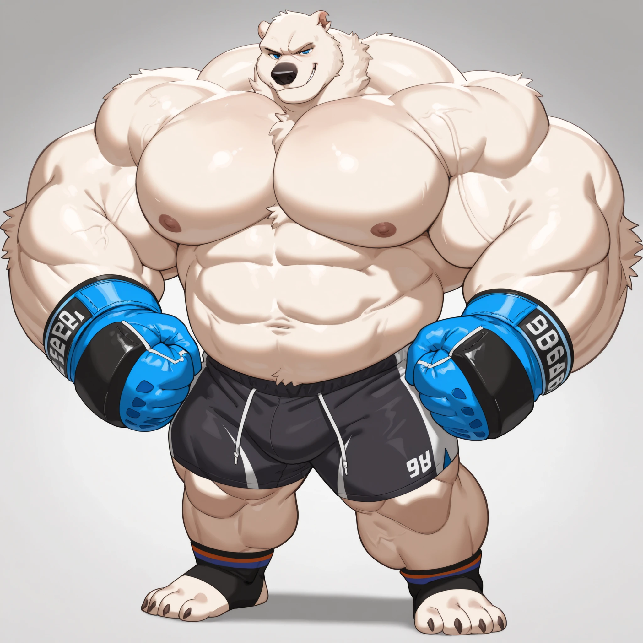 a polar bear with a huge thick muscle, furry ((white white polar bear)) wearing blue colored MMA boxer shorts and MMA fingerless gloves, Gym ring, ((huge muscular:1.2, wide pectoral, thick arms, sixpack)), smile, thicc, lowres, giant and muscular, danbooru and artstation, heavy detailed, insanely inflated hips, proportionally arms, commission for high res, detailed but rough