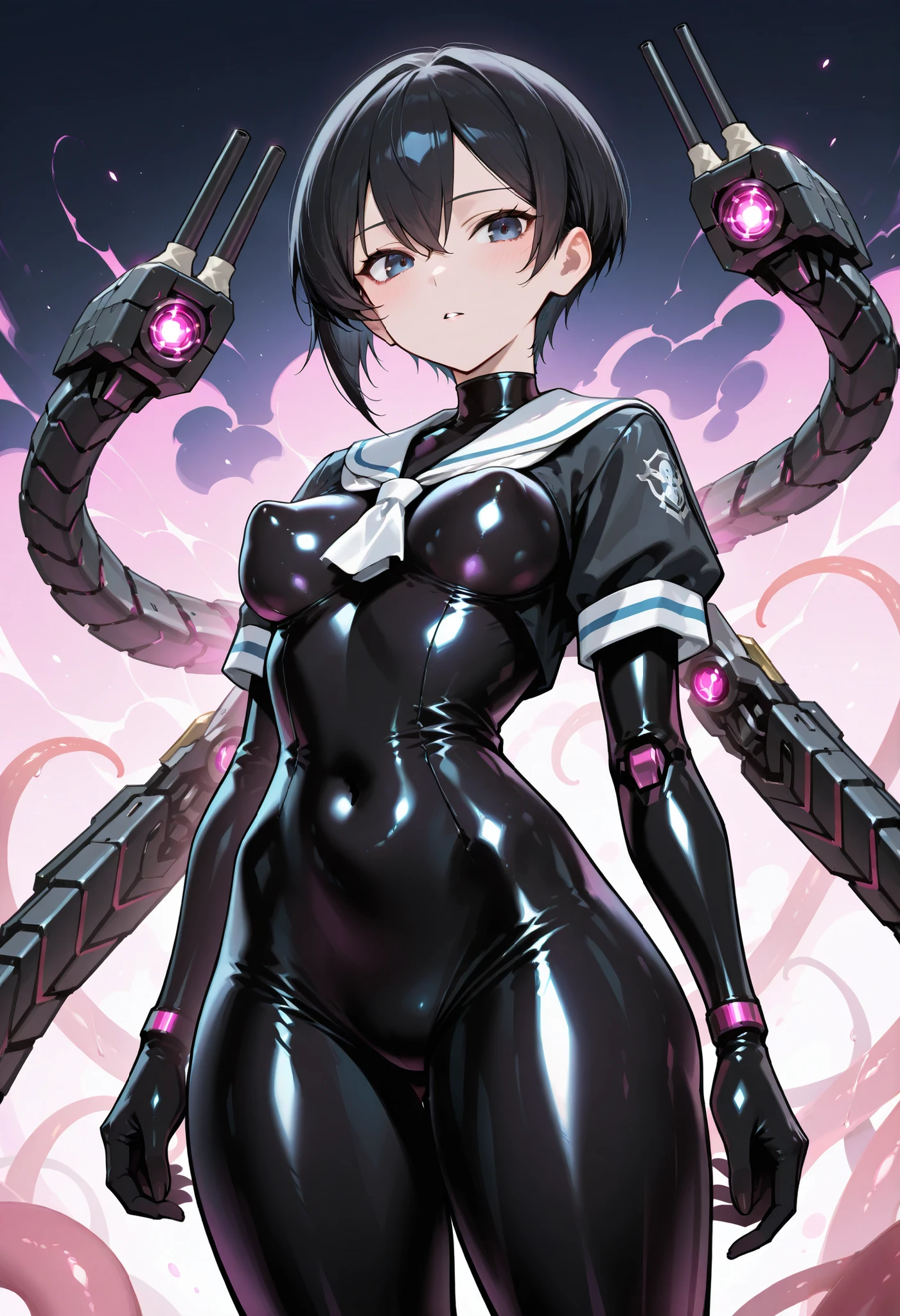 Armed girl. Black hair. Short hair. Intercom. Japanese school uniform top. Glossy. Black bodysuit. Latex bodysuit. Perky breasts. Slender waist. Thighs. With mechanical monsters. Turret. Mechanical tentacle arms.