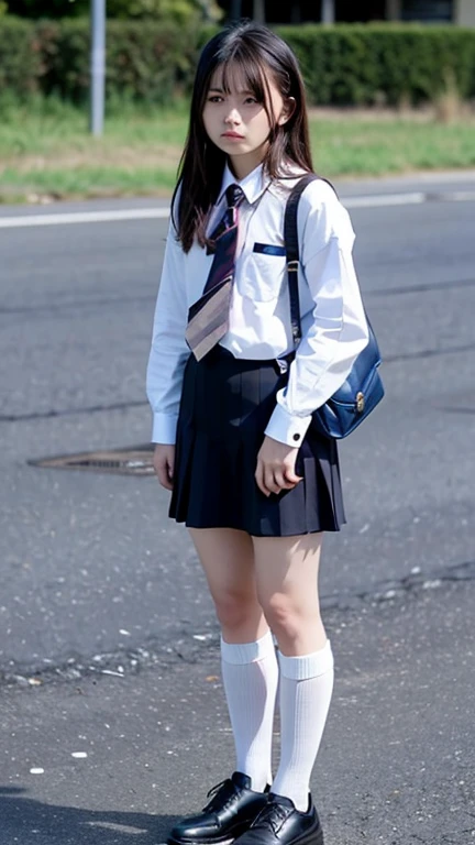 Japan Sailor School Uniform、dark blue school uniform、navy pleated skirt、beautiful girl、14 years old、(((Leave the hem of the sailor suit outside)))、black hair、ponytail、((No bangs:1.2))、((put out one's forehead))、I love you、Spinning、white socks、loafers、standing position、serious expression、protruding tooth、School、middle School girls、7 head and body、