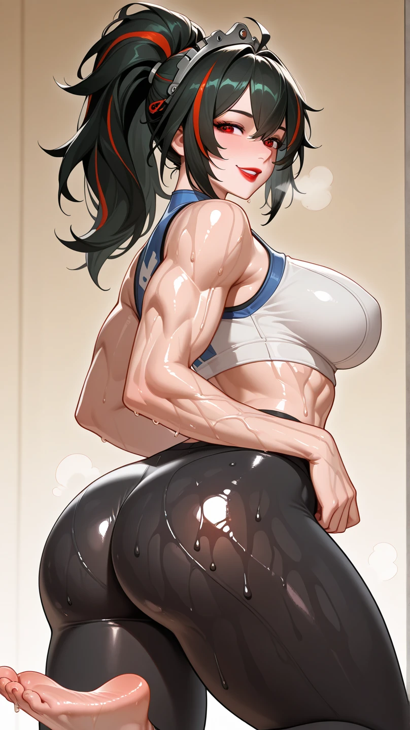 best quality,high resolution,muscle,((tan)),ponytail、Black Hair,woman,tall,small bust,large penis,veiny penis,pojecile cum,ahegao,(((((black penis))))),futanari