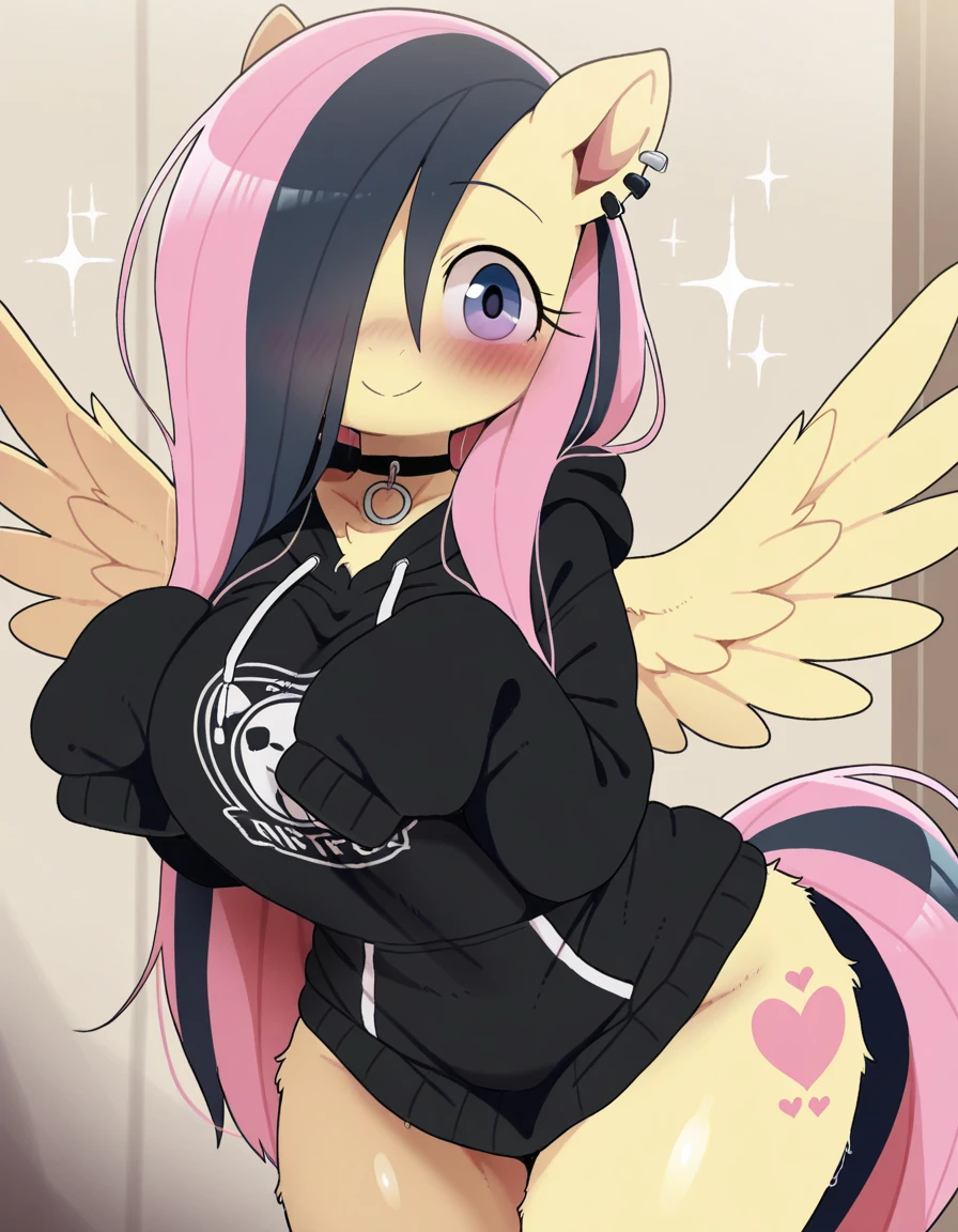 My little pony, fluttershy goth, goth dress, (lifting her white panties up), big breasts, dog collar, earrings, piercing, black eyeshadow, black nails, sexy ass, kissing with twilight sparkle 