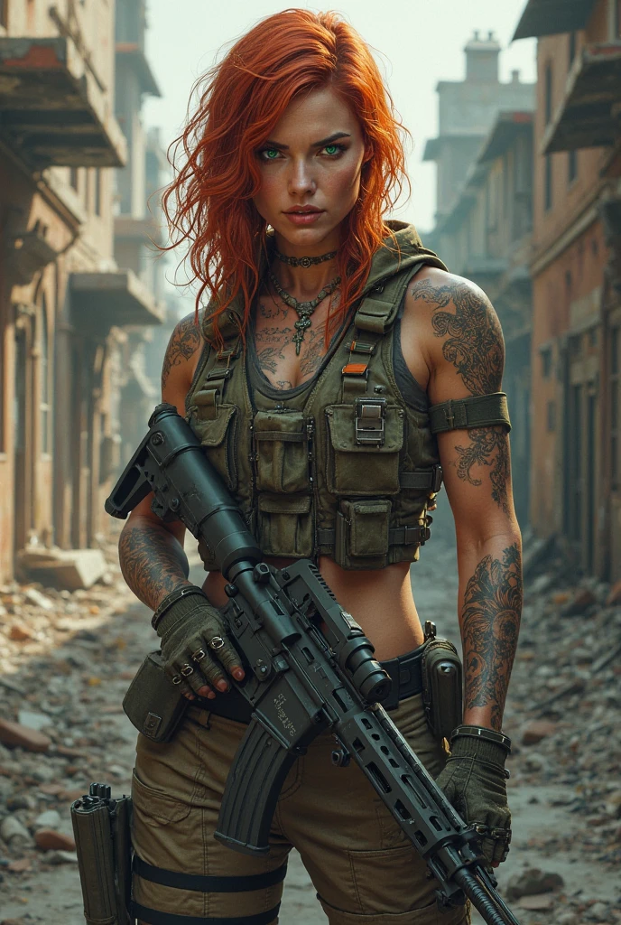 Sexy red hair thick girl with tattoos in war uniform, war background in front of tank