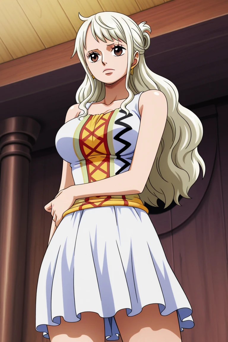 (Masterpiece, plain background:1.2) Female full body, standing straight symmetrical feet together, blood dark elf, dark skin, long messy white hair, 2longs elf ars, circlet, yellow eyes, 1990s (style), female 1sologirl
